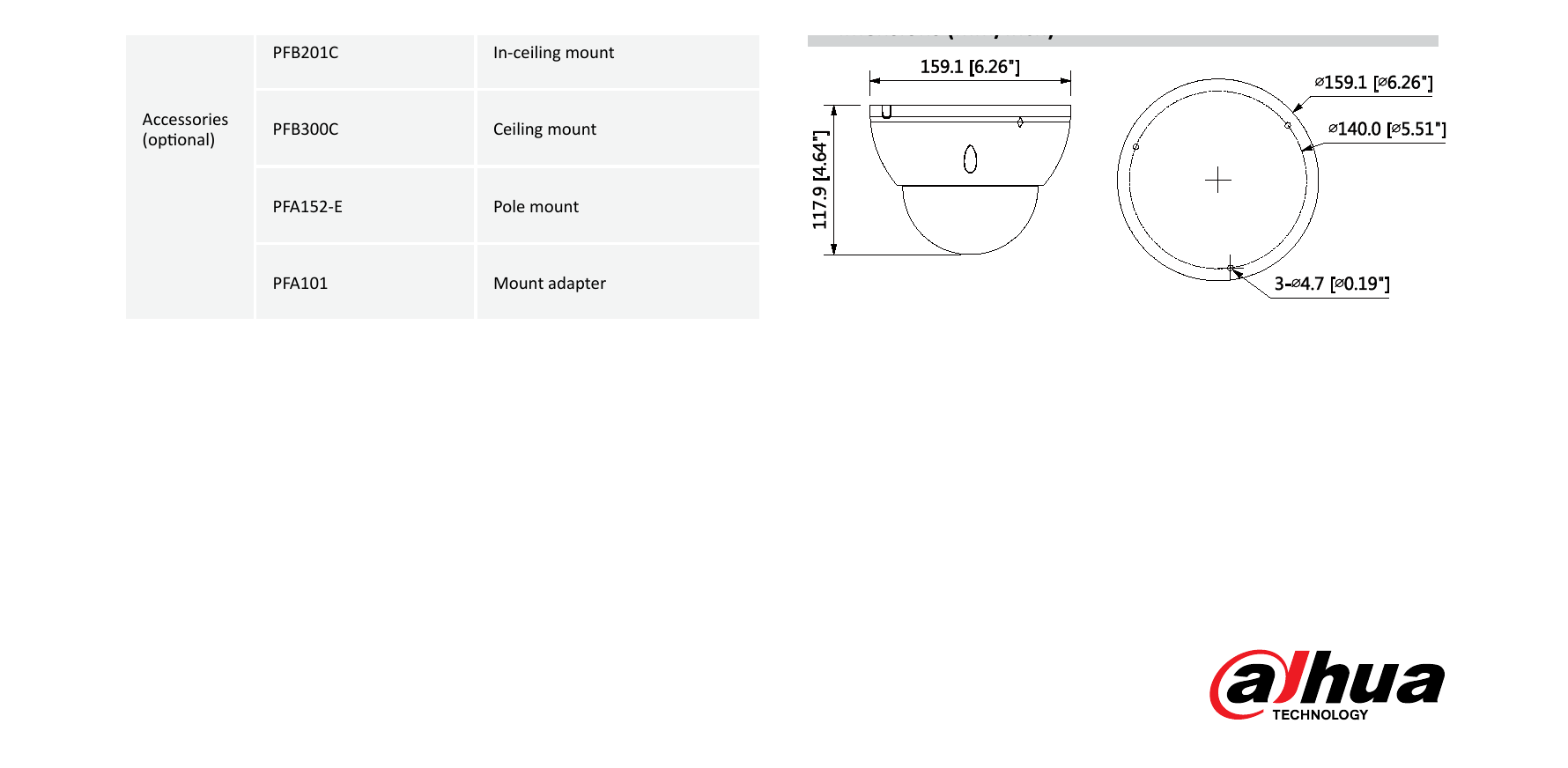 1.DH-IPC-HDBW3241E-Z 外形尺寸圖 Φ159.1mm×117.9mm(Φ6.26”×4.64”)｜Unit: mm