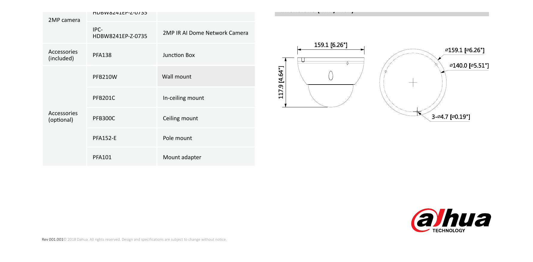 1.DH-IPC-HDBW8241E-Z5 外形尺寸圖 Φ159.1mm*117.9mm Ceiling Mount Wall Mount｜Unit: mm
