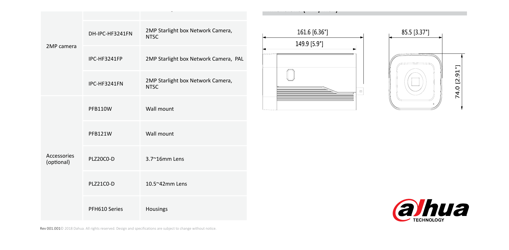 1.DH-IPC-HF3241F 外形尺寸圖 161.6mm×85.5mm×74.0mm (6.36”×3.37”×2.91”)｜Unit: mm