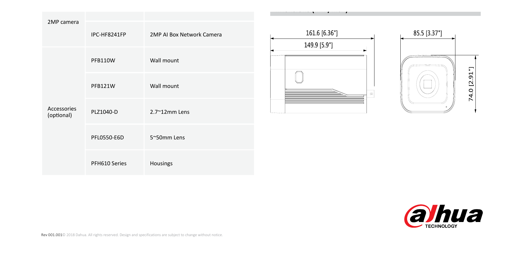 1.DH-IPC-HF8241F 外形尺寸圖 161.6mm×85.5mm×74.0mm (6.36”×3.37”×2.91”)｜Unit: mm