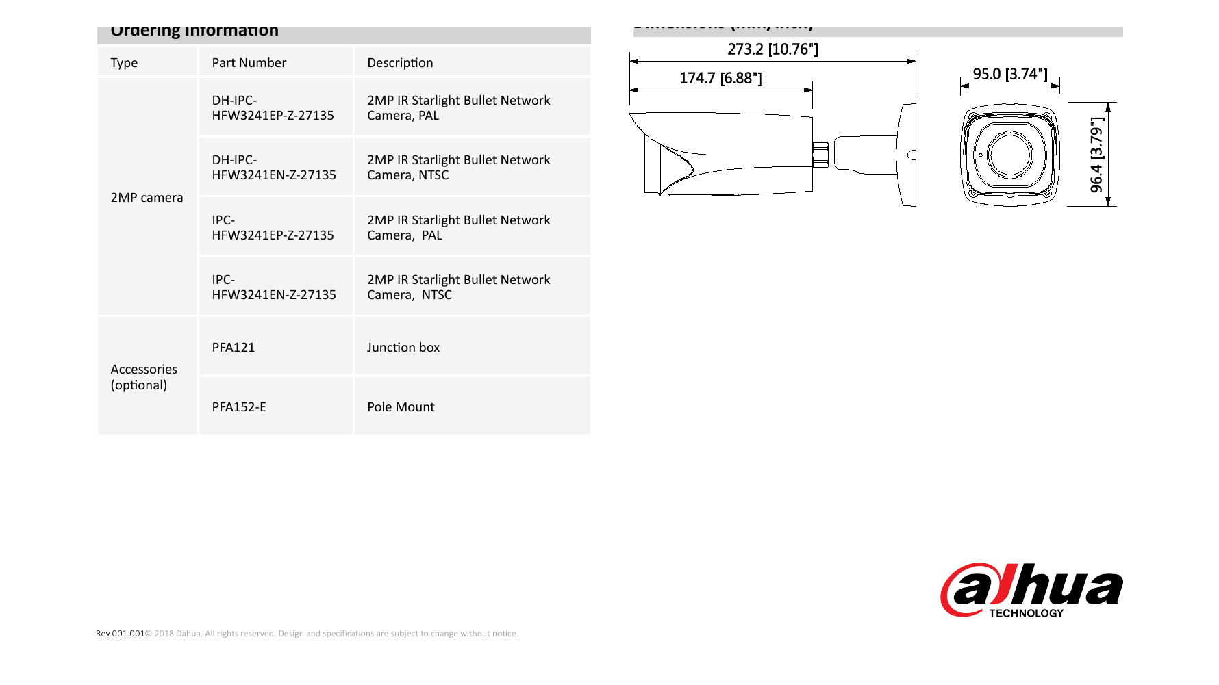 1.DH-IPC-HFW3241-Z 外形尺寸圖 273.2mm×95.0mm×96.4mm (10.76”×3.74”×3.79”)｜Unit: mm