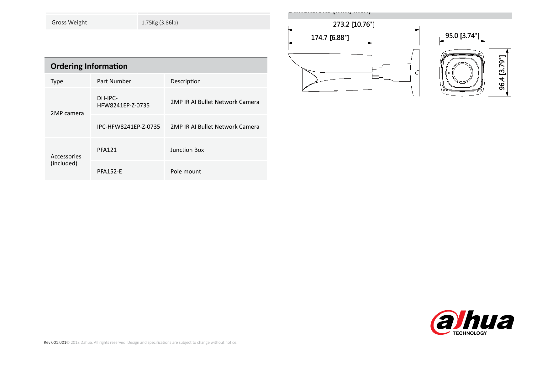 1.DH-IPC-HFW8241E-Z5 外形尺寸圖 273.2mm*95mm*96.4｜Unit: mm