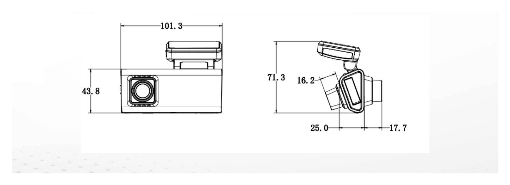 AE-DC2022-V200 外形尺寸圖 101.3 mm × 43.8 mm × 42.7 mm｜Unit: mm