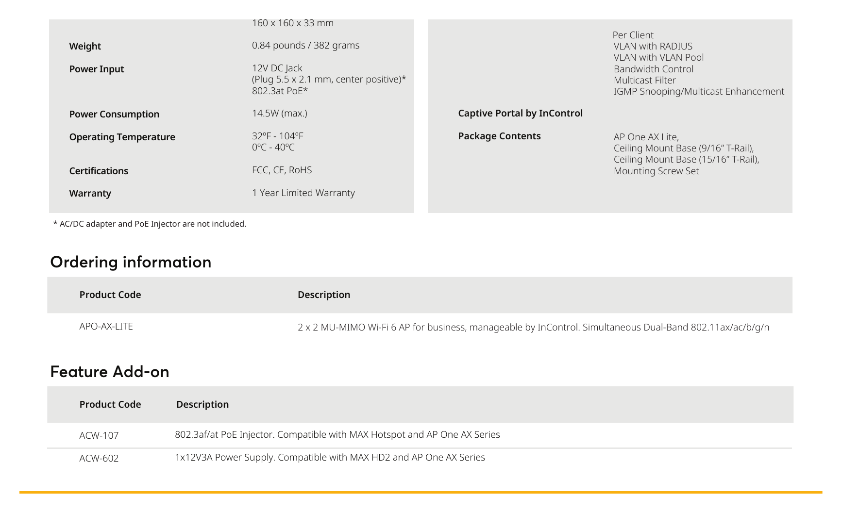 AP-ONE-AX-LITE 外形尺寸圖 5.9 x 5.9 x 1.3 inches Limit on Max. Number of Clients 160 x 160 x 33 mm Per Client｜重量 0.84 pounds / 382 grams VLAN with