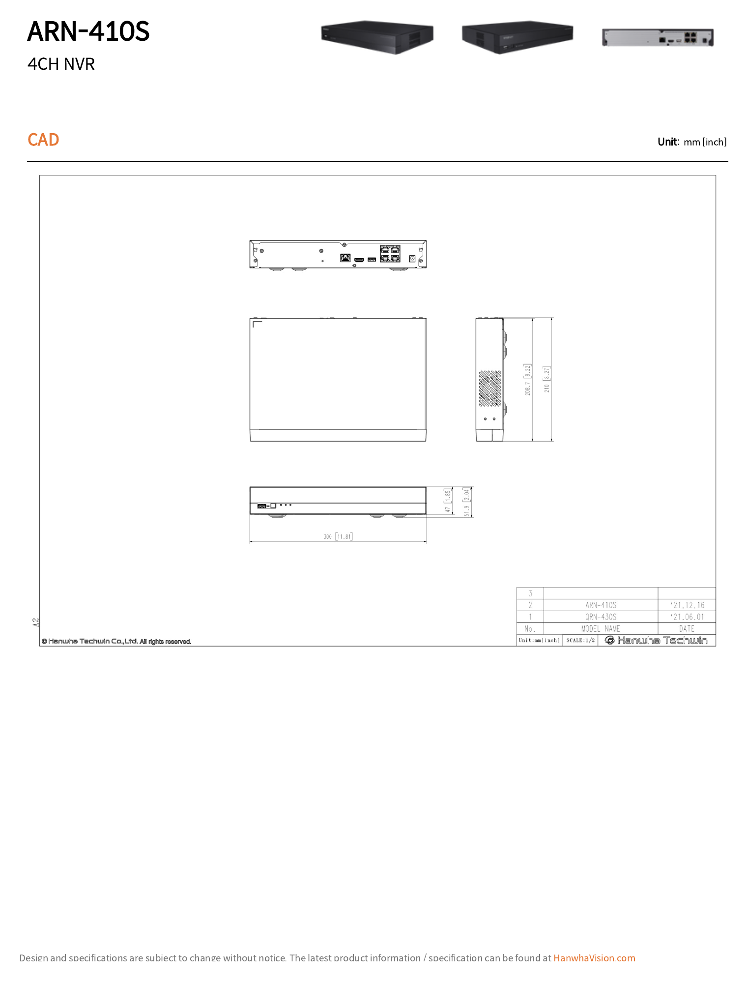 ARN-410S 外形尺寸圖 300.0 x 47.0 x 208.7 mm (11.81 x 1.85 x 8.22 inch) (1U)｜重量 1.03Kg(2.27lb) ARN-410S 4CH NVR｜Unit: mm