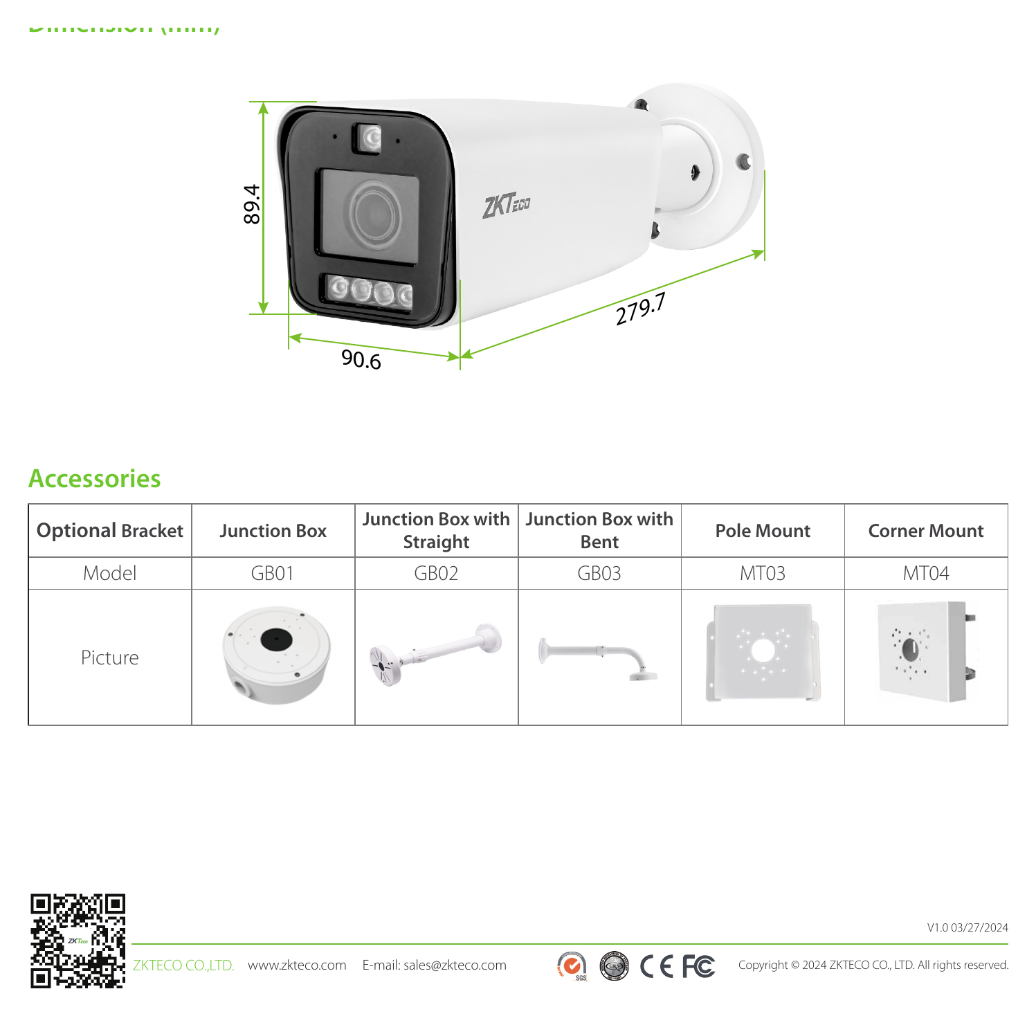 BL-852T48D-S6-AD 外形尺寸圖 279.7 × 90.6 × 89.4 (mm) www.zkteco.com｜Unit: mm