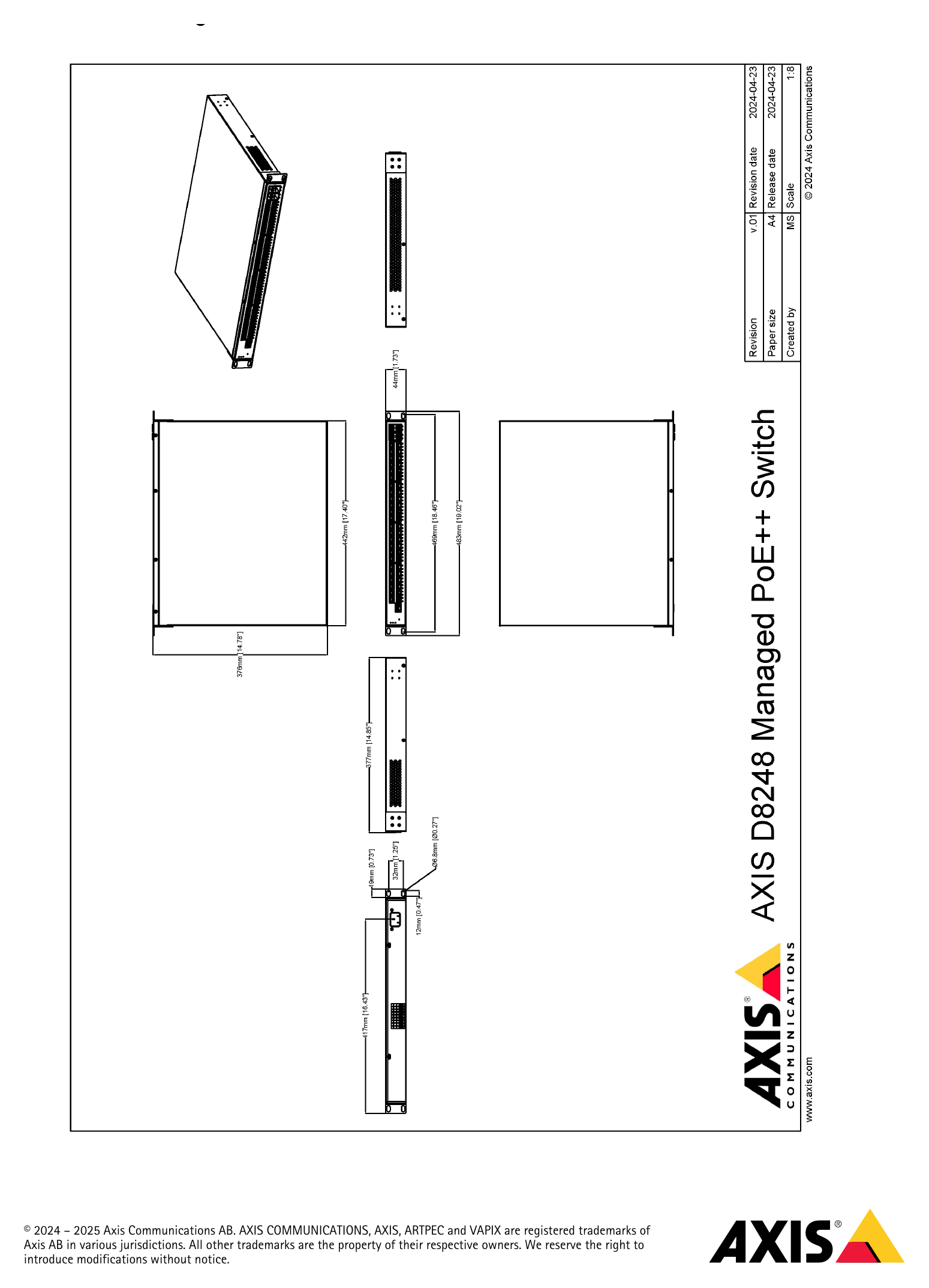 D8248-MANAGED-POE-SWITCH 外形尺寸圖 guidelines｜重量 axis.com/environmental-responsibility Compact, read more at unglobalcompact.org｜Unit: mm