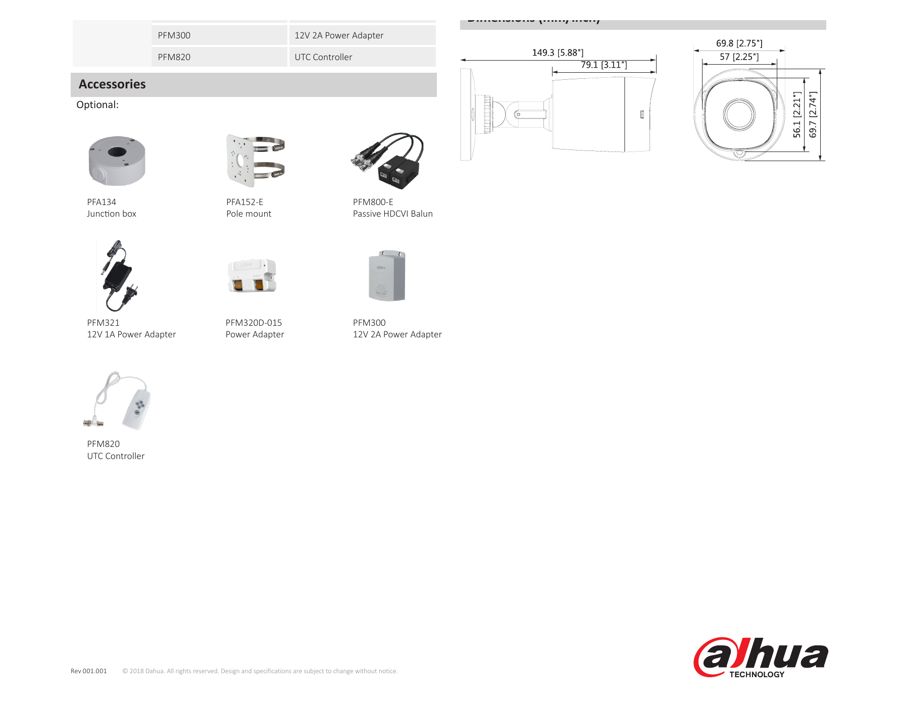 DH-HAC-B1A11 外形尺寸圖 70mm×70mm×149mm (2.76"×2.76"×5.87") Distance｜Unit: mm
