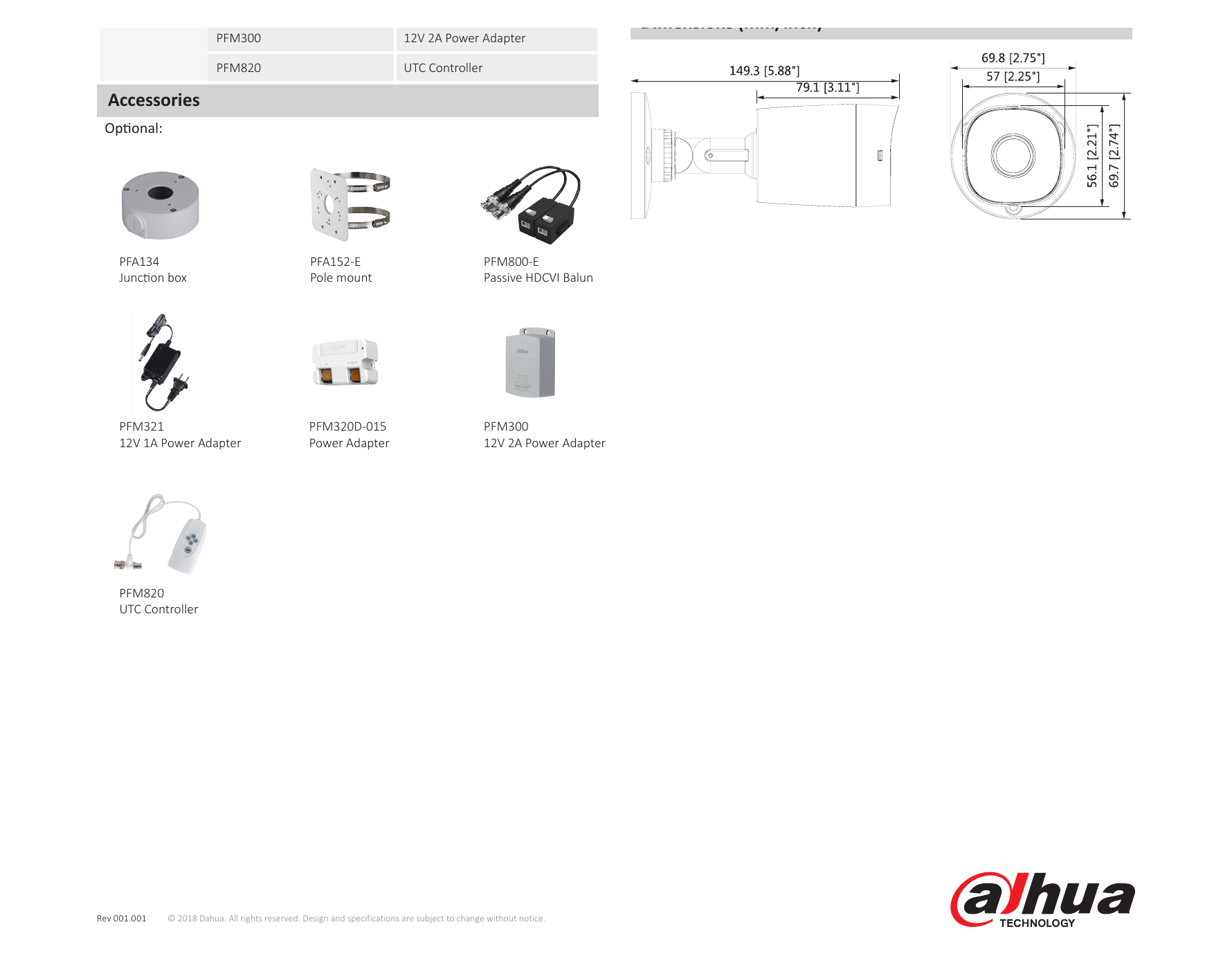 DH-HAC-B1A21 外形尺寸圖 70mm×70mm×149mm (2.76"×2.76"×5.87") 2.8mm: 37m(121ft) 25px/m Net Weight 0.14kg (0.31lb)｜Unit: mm