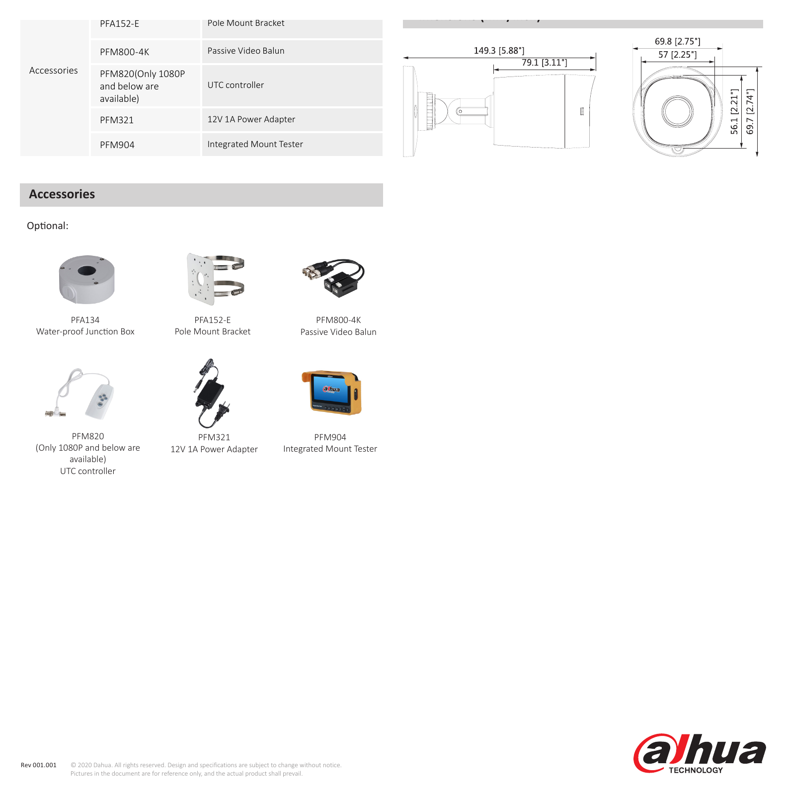DH-HAC-B1A41 外形尺寸圖 70mm×70mm×149mm (2.76"×2.76"×5.87") 64.0 m 25.6 m 12.8 m 6.4 m｜Unit: mm