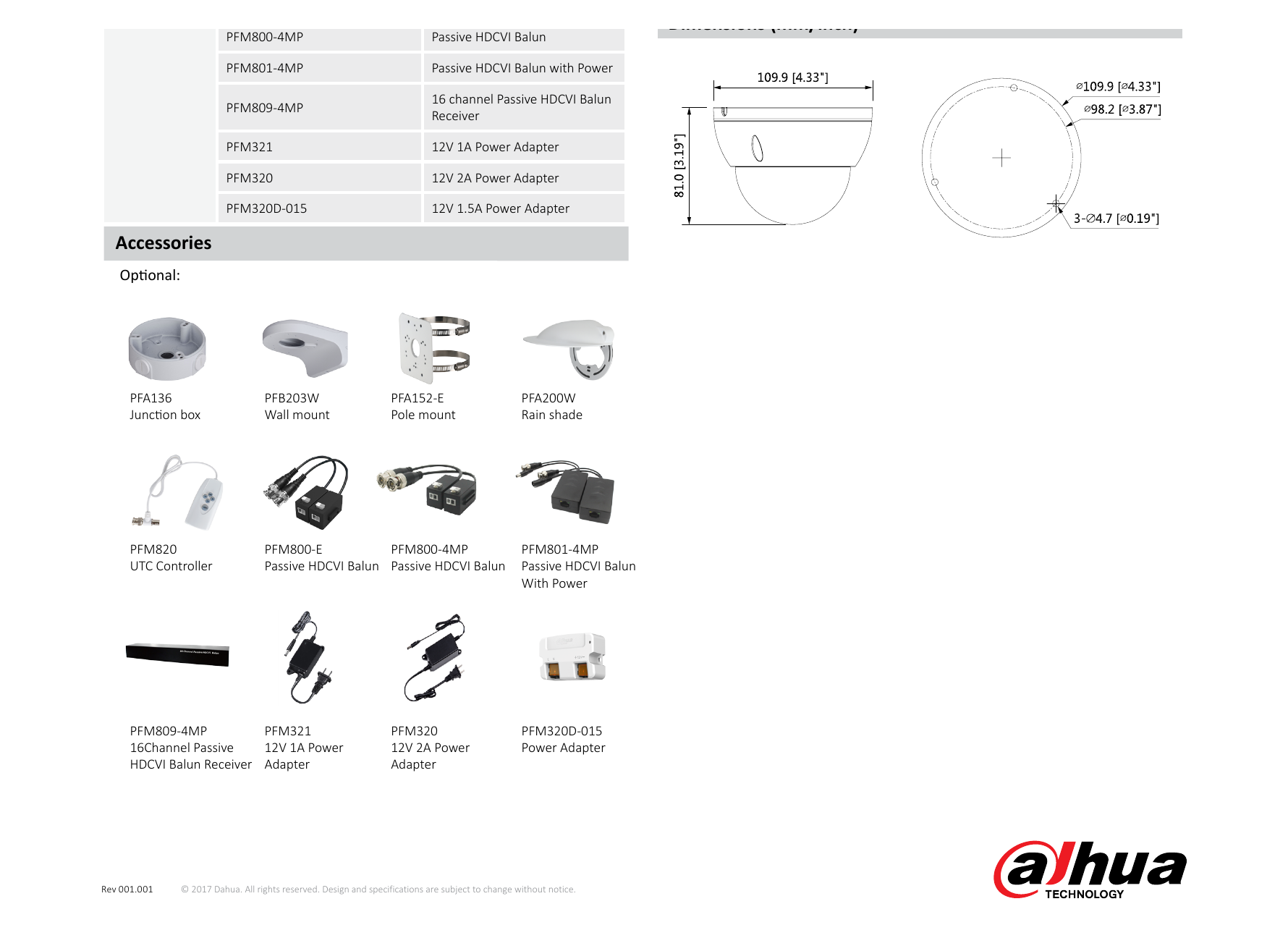 DH-HAC-HDBW2231E 外形尺寸圖 Φ109.9mm×81.0mm (Φ4.33"×3.19") 2.8mm: 42m(138ft)｜Unit: mm