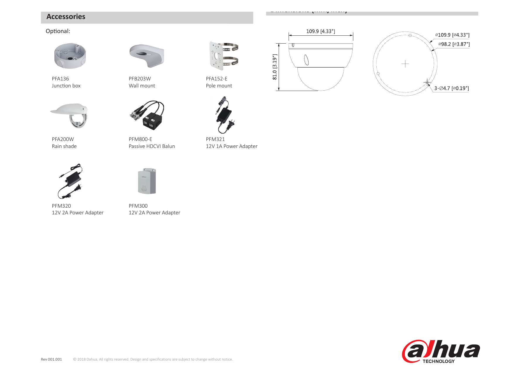 DH-HAC-HDBW2241E 外形尺寸圖 Φ109.9mm×81.0mm (Φ4.33"×3.19") 2.8mm: 39m(128ft)｜Unit: mm