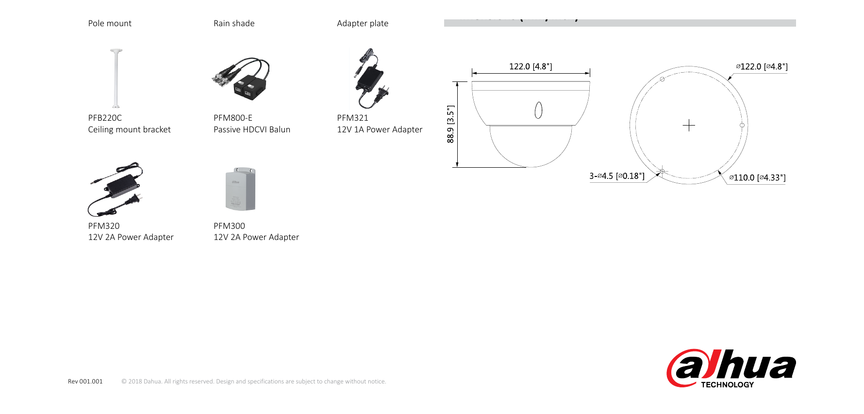 DH-HAC-HDBW2241R-Z 外形尺寸圖 Φ122mm×88.9mm (Φ4.8"×3.5")｜Unit: mm