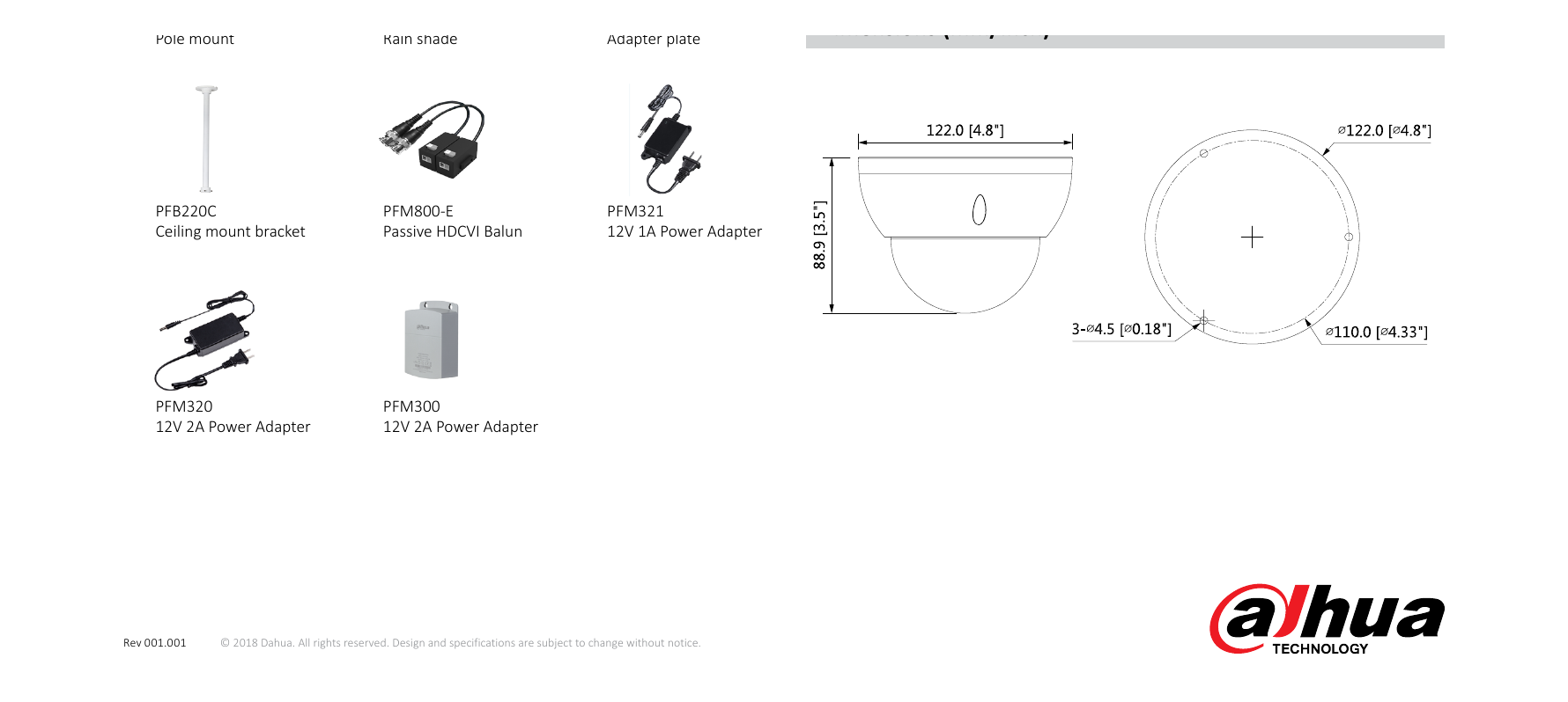 DH-HAC-HDBW2241R-Z-DP 外形尺寸圖 Φ122mm×88.9mm (Φ4.8"×3.5")｜Unit: mm