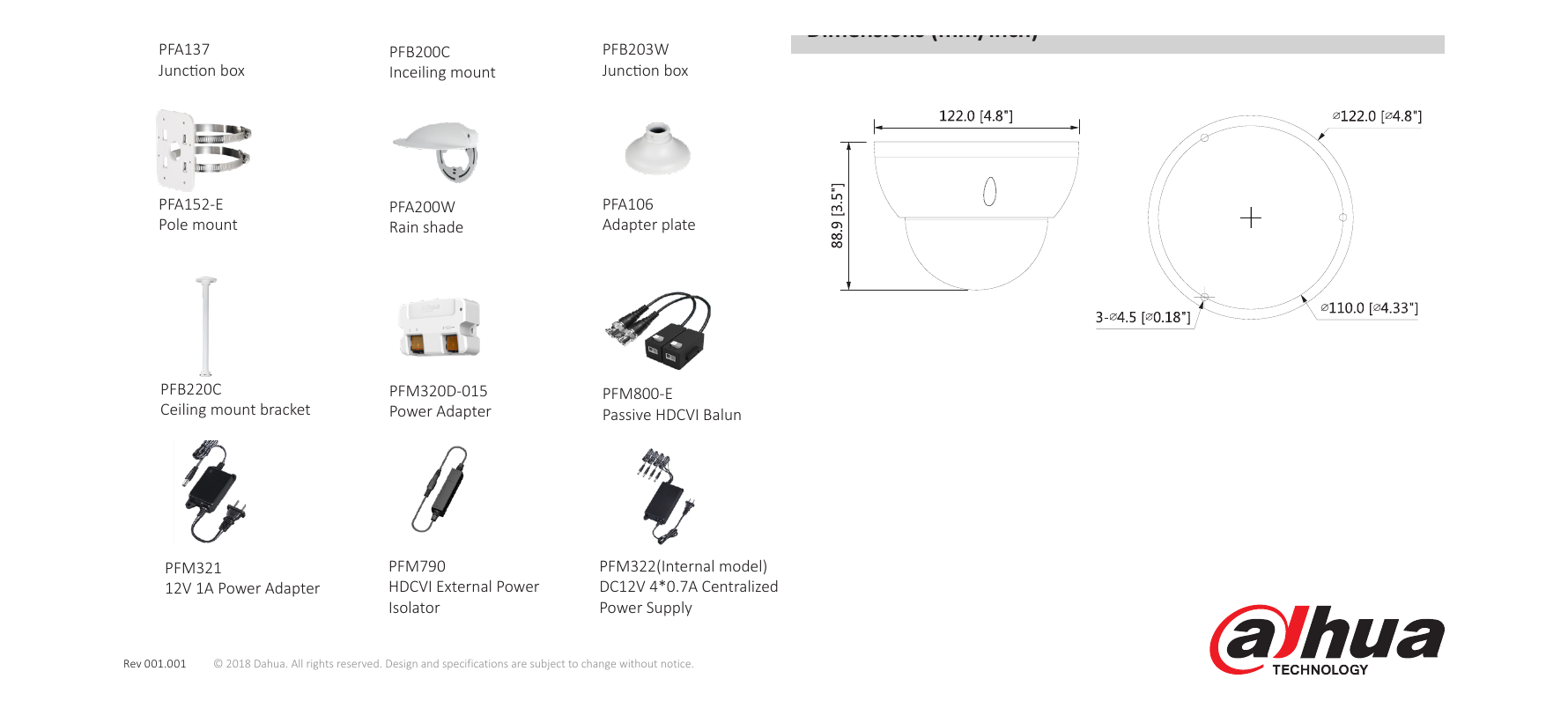 DH-HAC-HDBW2802R 外形尺寸圖 Φ122mm×88.9mm (Φ4.8"×3.5") Distance｜Unit: mm