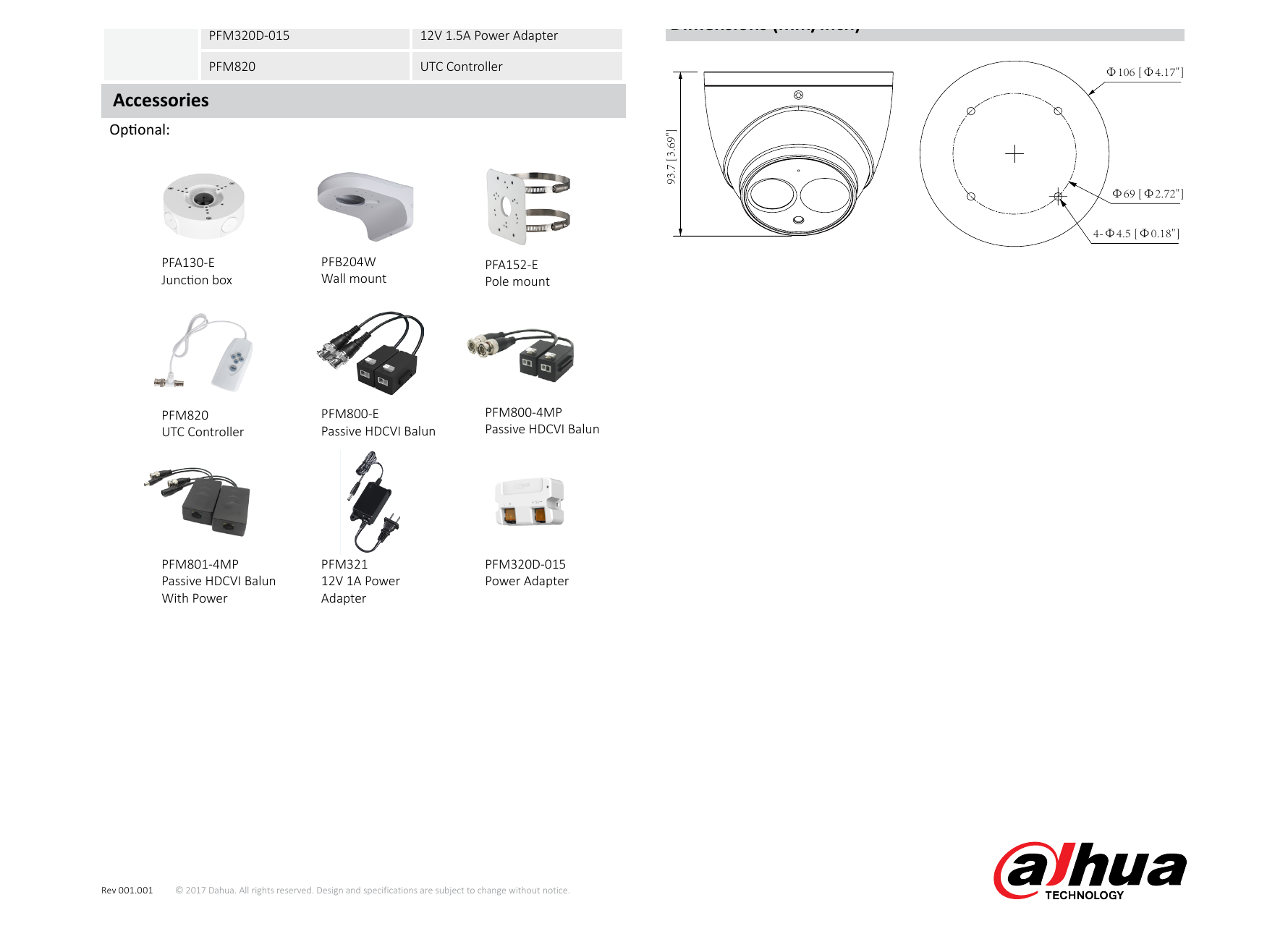 DH-HAC-HDW1100EM-A 外形尺寸圖 Φ106mm×93.7mm (Φ4.17"×3.69")｜Unit: mm