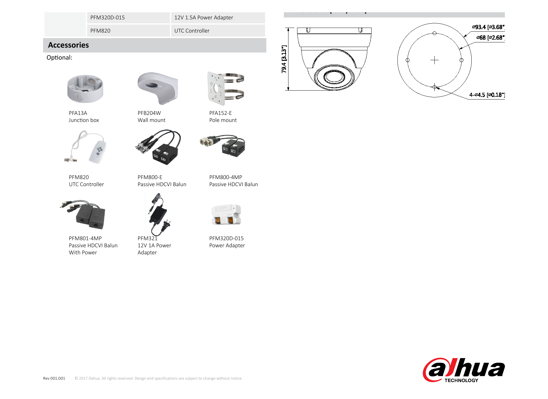 DH-HAC-HDW1100M 外形尺寸圖 Φ93.4mm×79.4mm (Φ3.68"×3.13")｜Unit: mm
