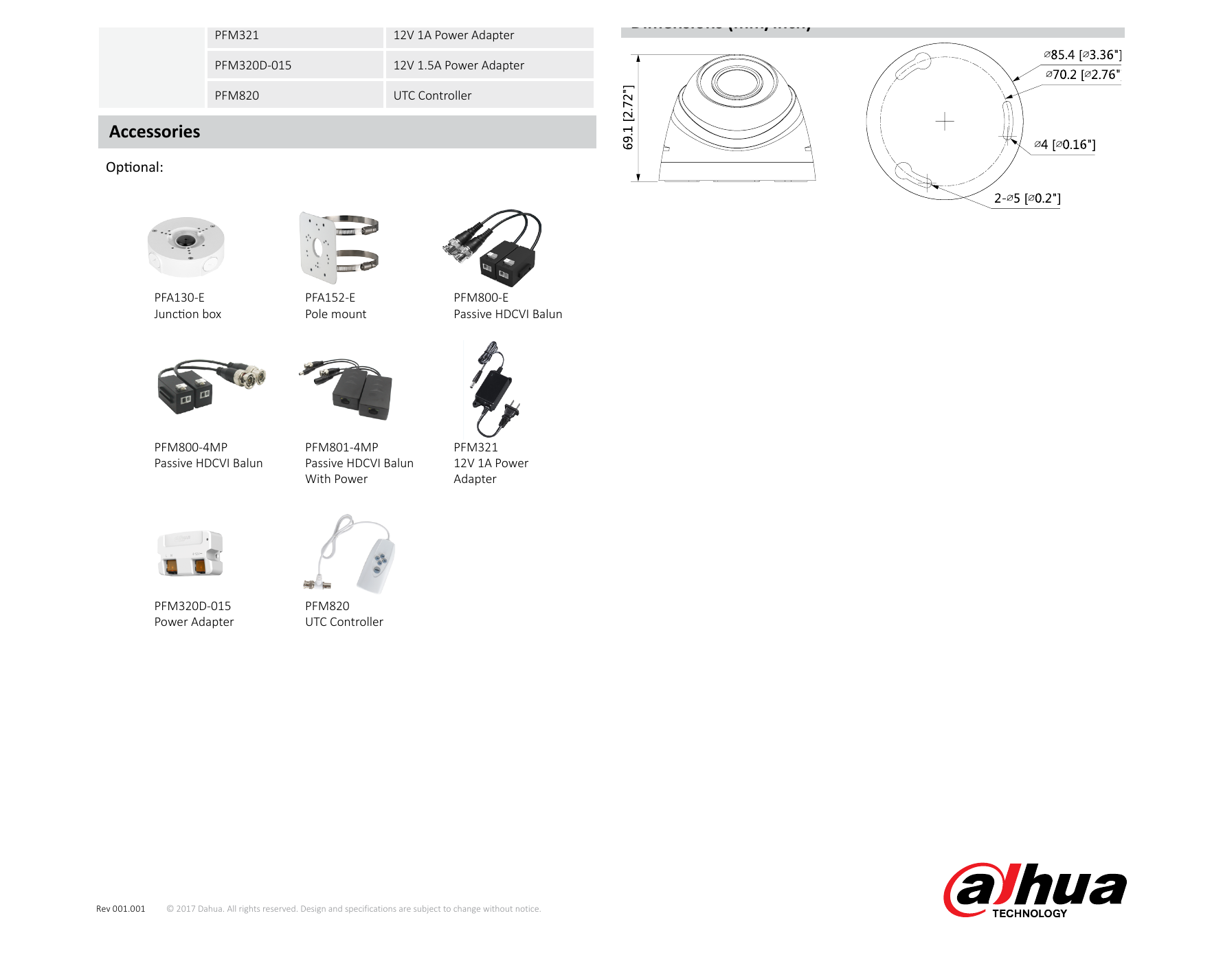 DH-HAC-HDW1100R 外形尺寸圖 Φ85.4mm×69.1mm(Φ3.36"×2.72")｜Unit: mm