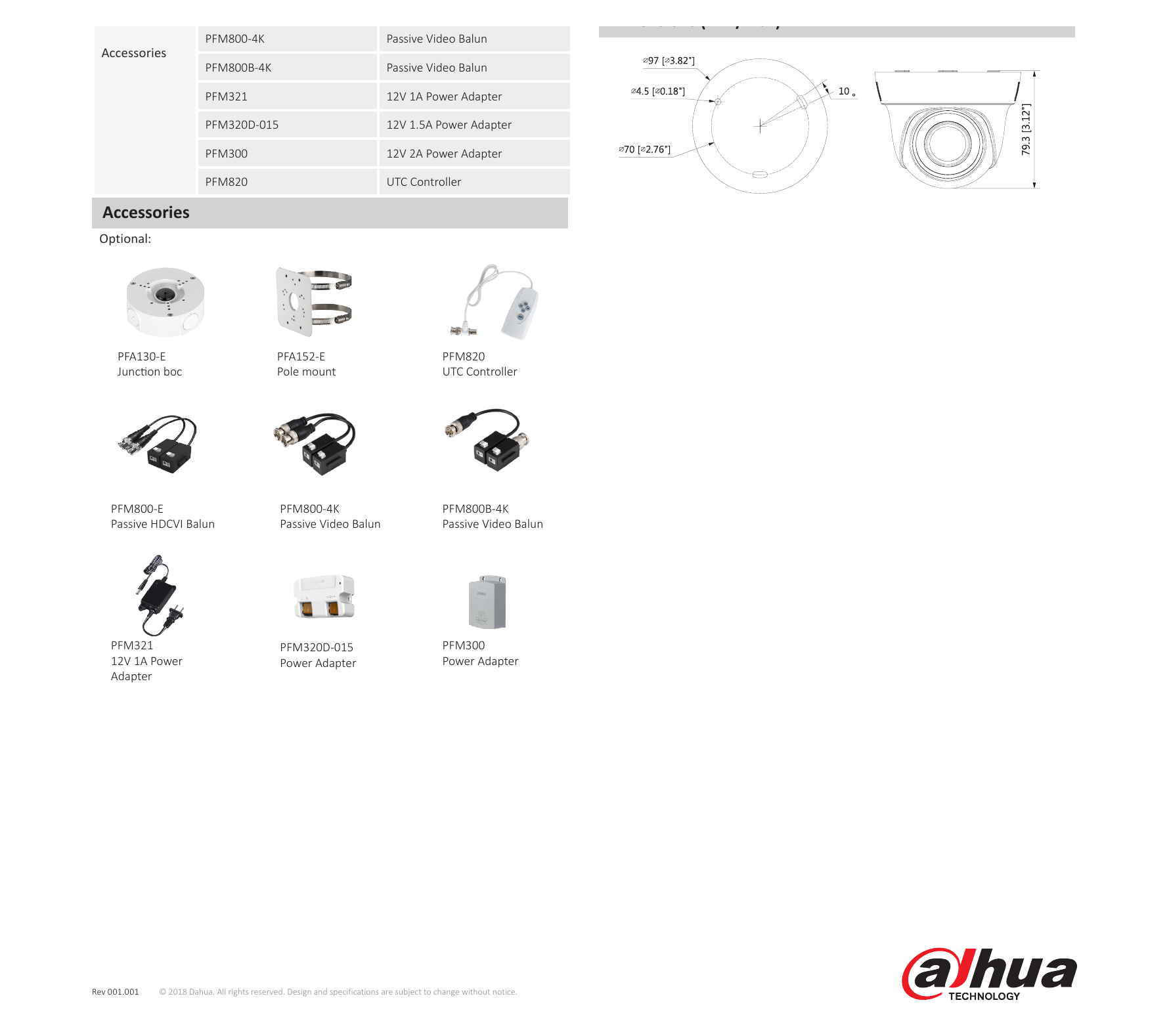 DH-HAC-HDW1200SL 外形尺寸圖 Φ97mm×79.3mm(Φ3.8"×3.1") sensor specification and lab test result according to EN 62676-4 which defines the criteria for