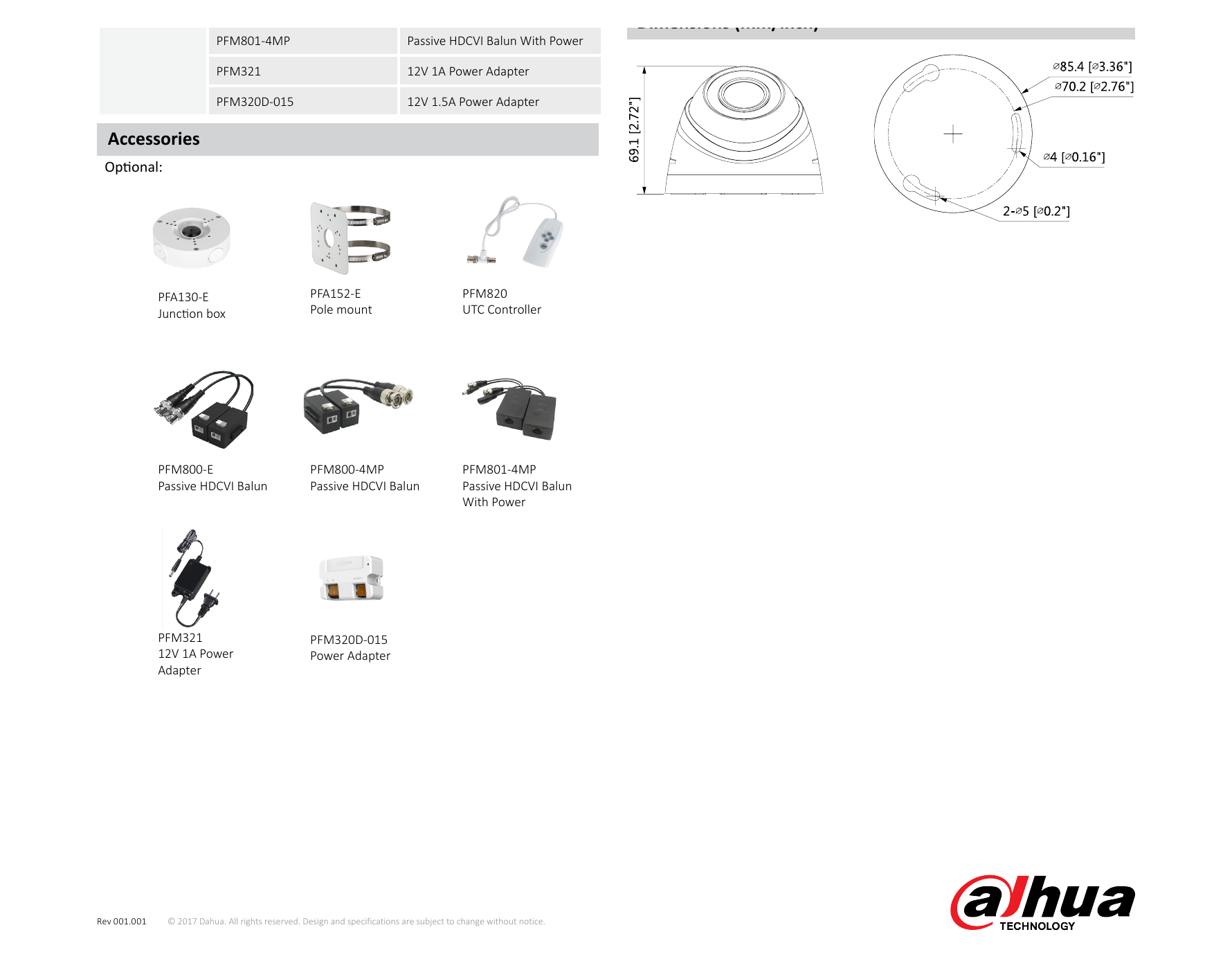 DH-HAC-HDW1220R 外形尺寸圖 Φ85.4mm×69.1mm (Φ3.36"×2.72") 3.6mm: 57m(187ft) 25px/m Net Weight 0.11kg (0.24lb)｜Unit: mm