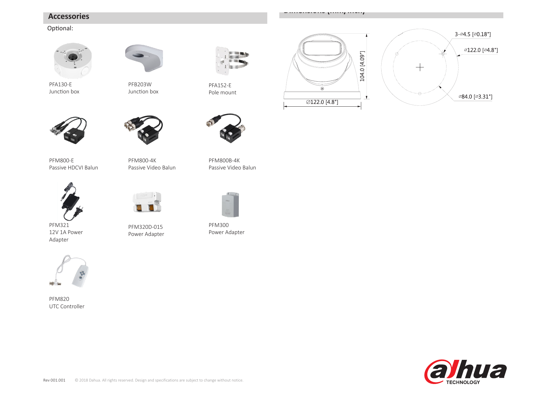 DH-HAC-HDW1230T-Z 外形尺寸圖 Φ122mm×104mm (Φ4.8"×4.1") criteria for Detect, Observe, Recognize and Identify respectively.｜Unit: mm