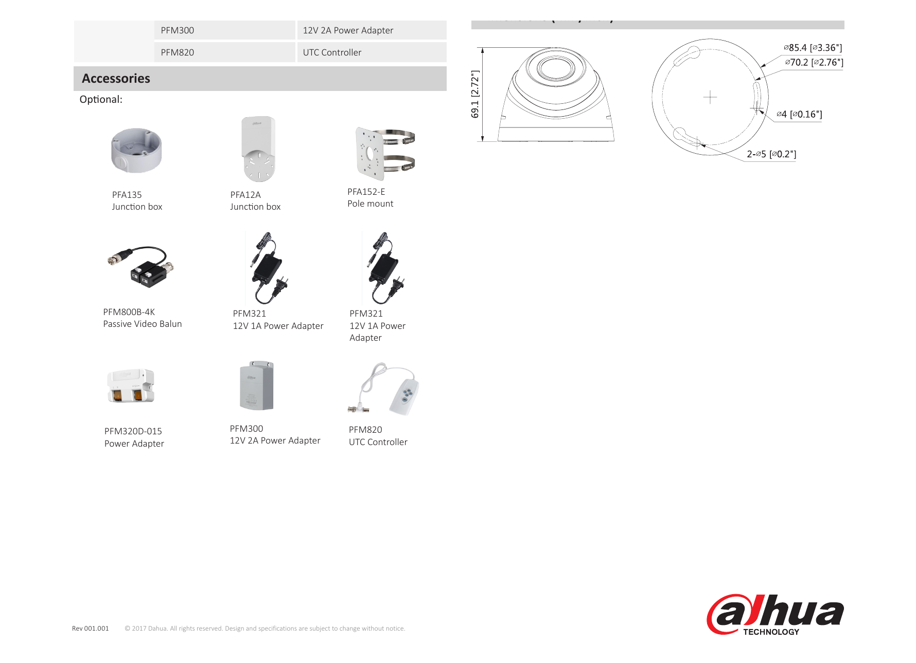 DH-HAC-HDW1400R 外形尺寸圖 Φ85.4mm×69.1mm (Φ3.36"×2.72")｜Unit: mm