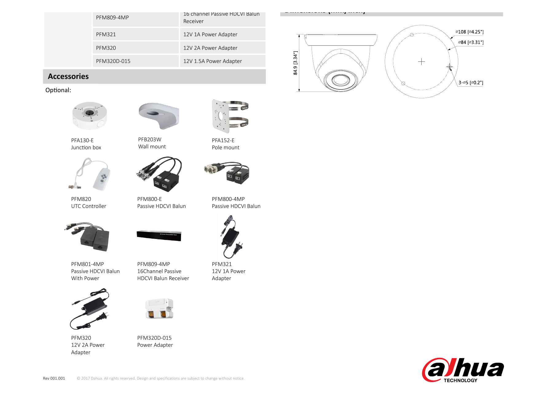 DH-HAC-HDW2231S 外形尺寸圖 Φ108mm×84.9mm (Φ4.25"×3.34") 2.8mm: 42m(138ft)｜Unit: mm
