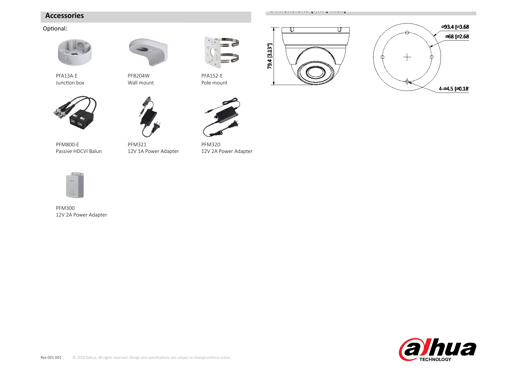 DH-HAC-HDW2241M 外形尺寸圖 Φ93.4mm×79.4mm (Φ3.68"×3.13") 2.8mm: 39m(128ft)｜Unit: mm