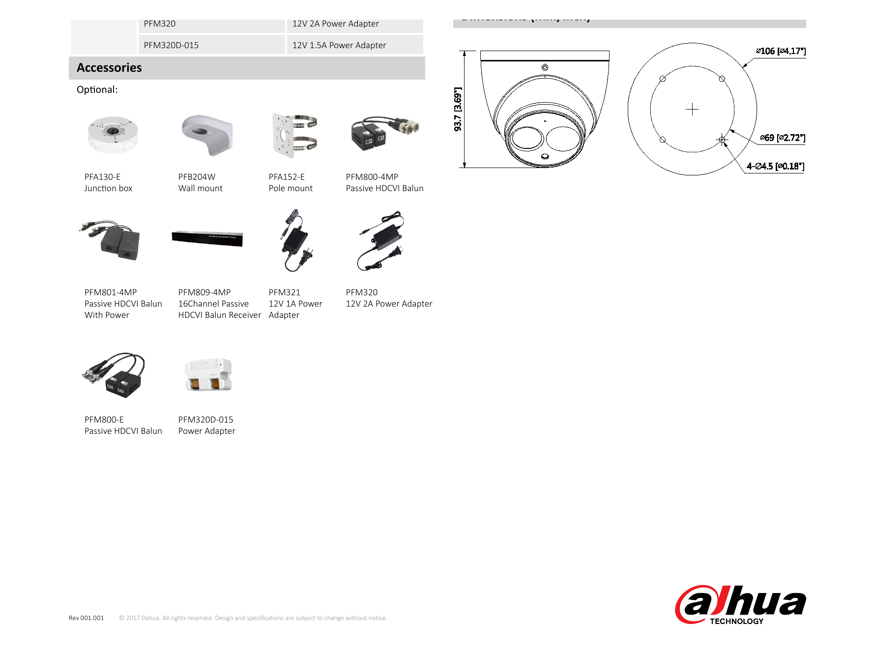 DH-HAC-HDW2401EM-A 外形尺寸圖 Φ106mm×93.7mm (Φ4.17"×3.69") 2.8mm:63m(208ft) 25px/m｜Unit: mm