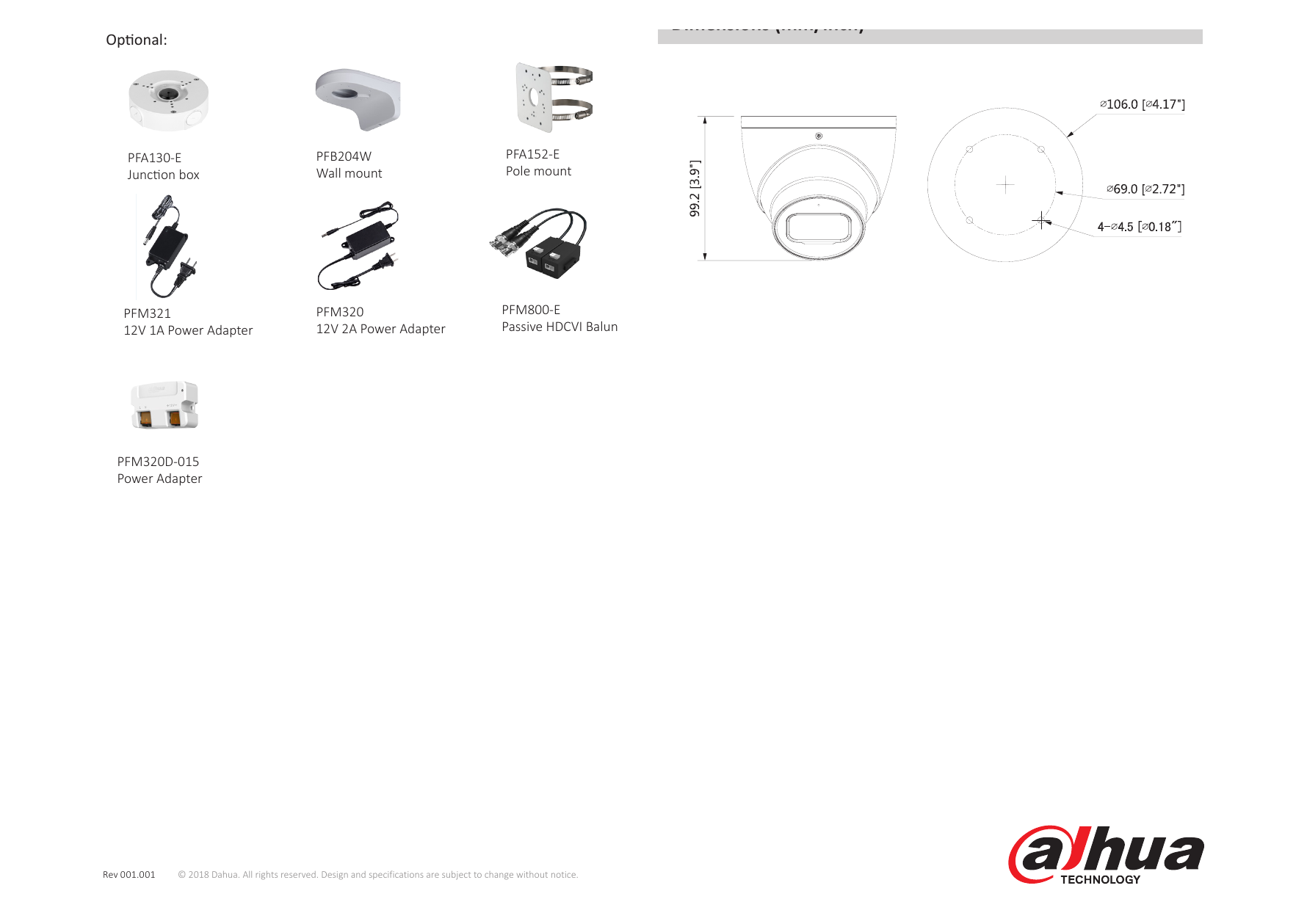 DH-HAC-HDW2601T-A 外形尺寸圖 Φ106mm×99.2mm (Φ4.17"×3.9")｜Unit: mm