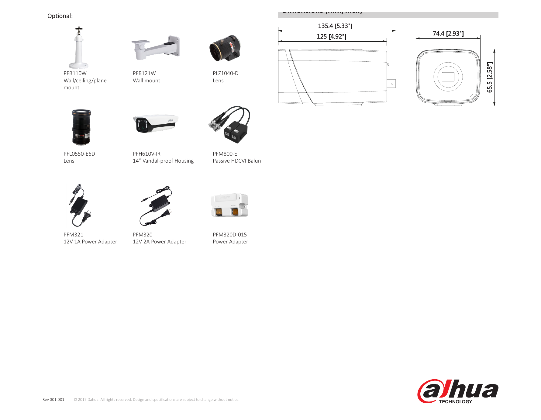 DH-HAC-HF3231E 外形尺寸圖 135.4mm×74.4mm×65.5mm (5.33"×2.93"×2.58")｜Unit: mm