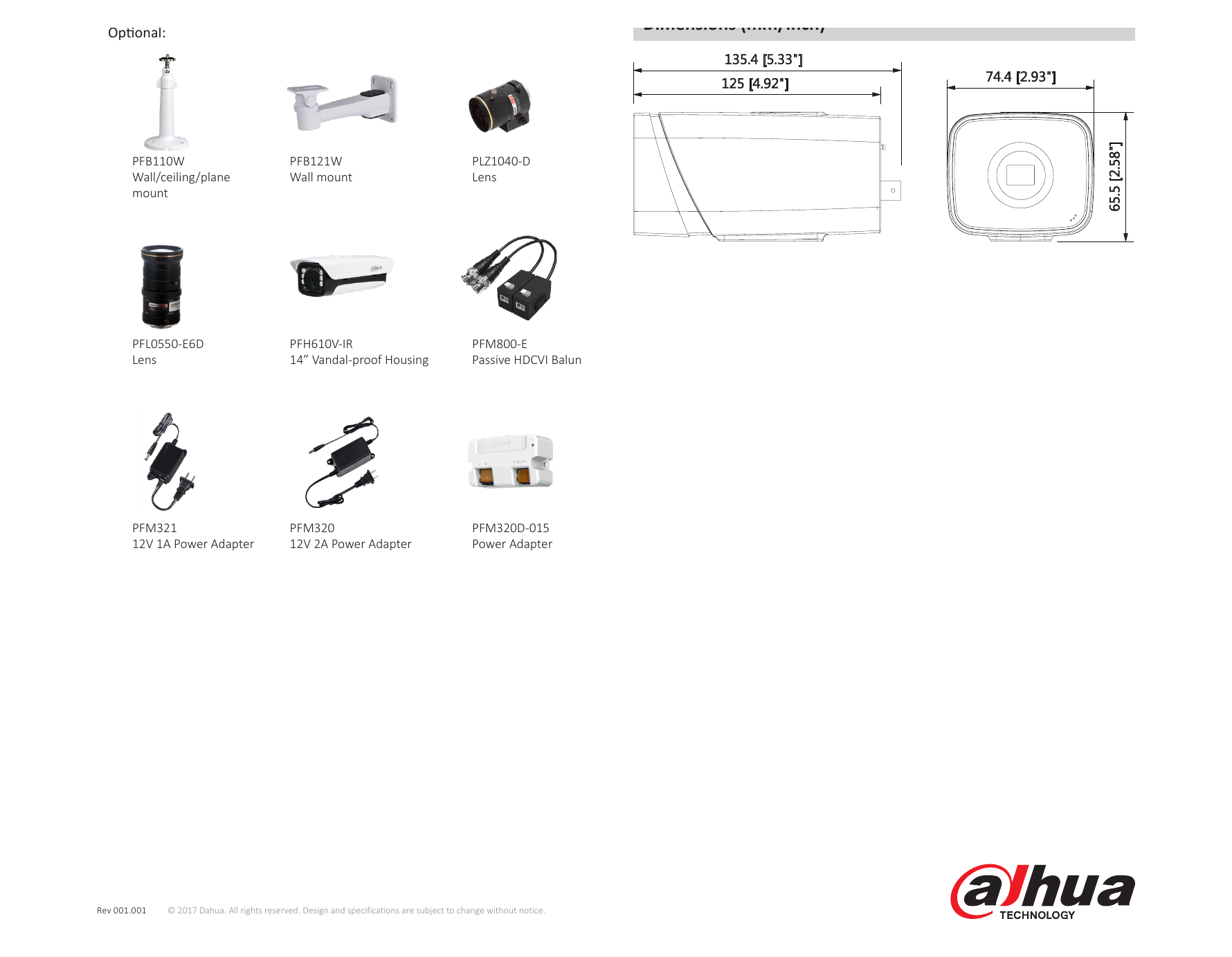 DH-HAC-HF3231E-T 外形尺寸圖 135.4mm×74.4mm×65.5mm (5.33"×2.93"×2.58")｜Unit: mm