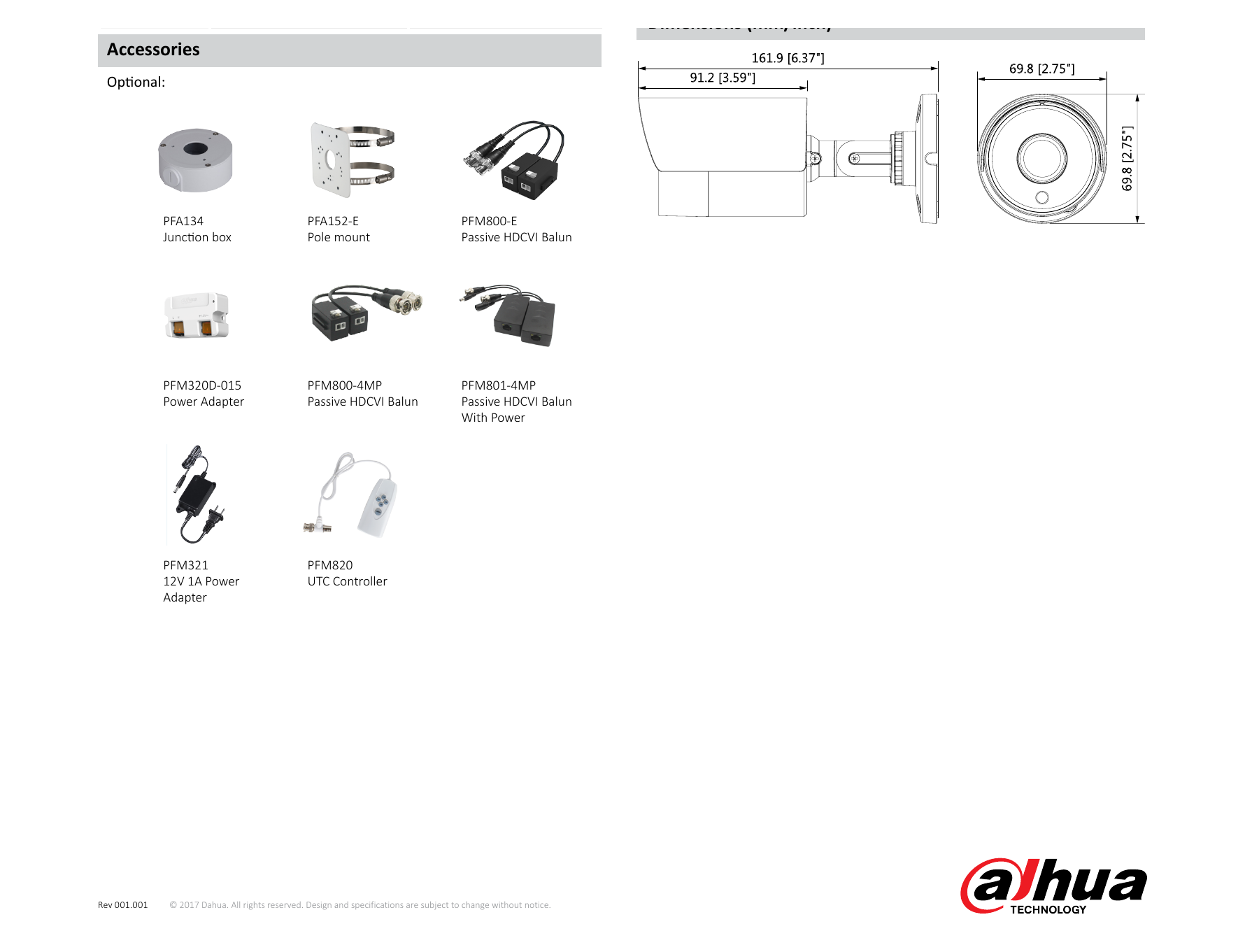DH-HAC-HFW1000SL 外形尺寸圖 161.9mm×69.8mm×69.8mm (6.37"×2.75"×2.75") sensor specification and lab test result according to EN 62676-4 which defines