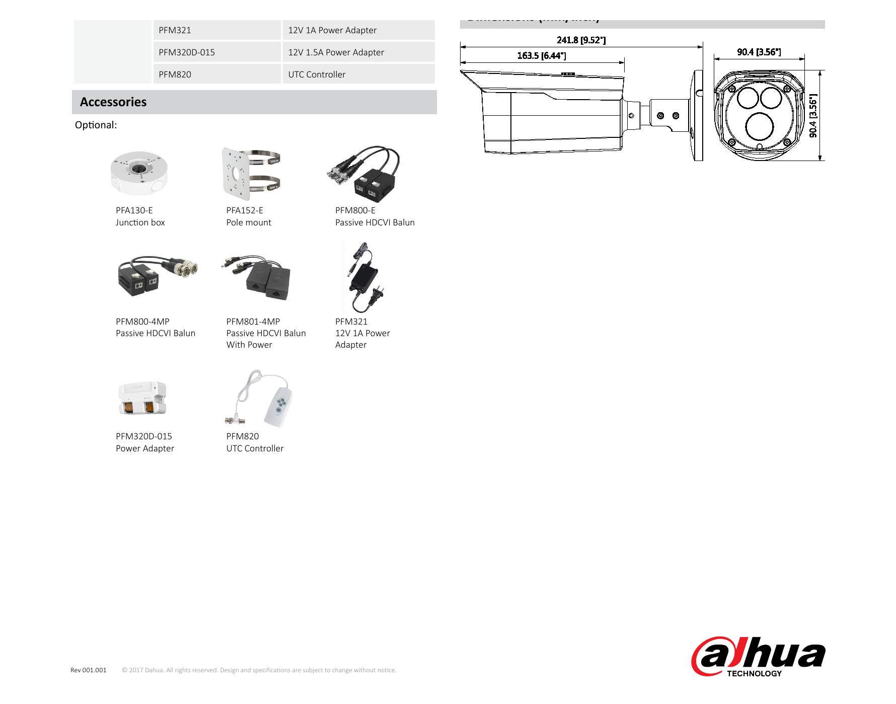 DH-HAC-HFW1100D 外形尺寸圖 241.8mm×90.4mm×90.4mm (9.52"×3.56"×3.56") Distance｜Unit: mm