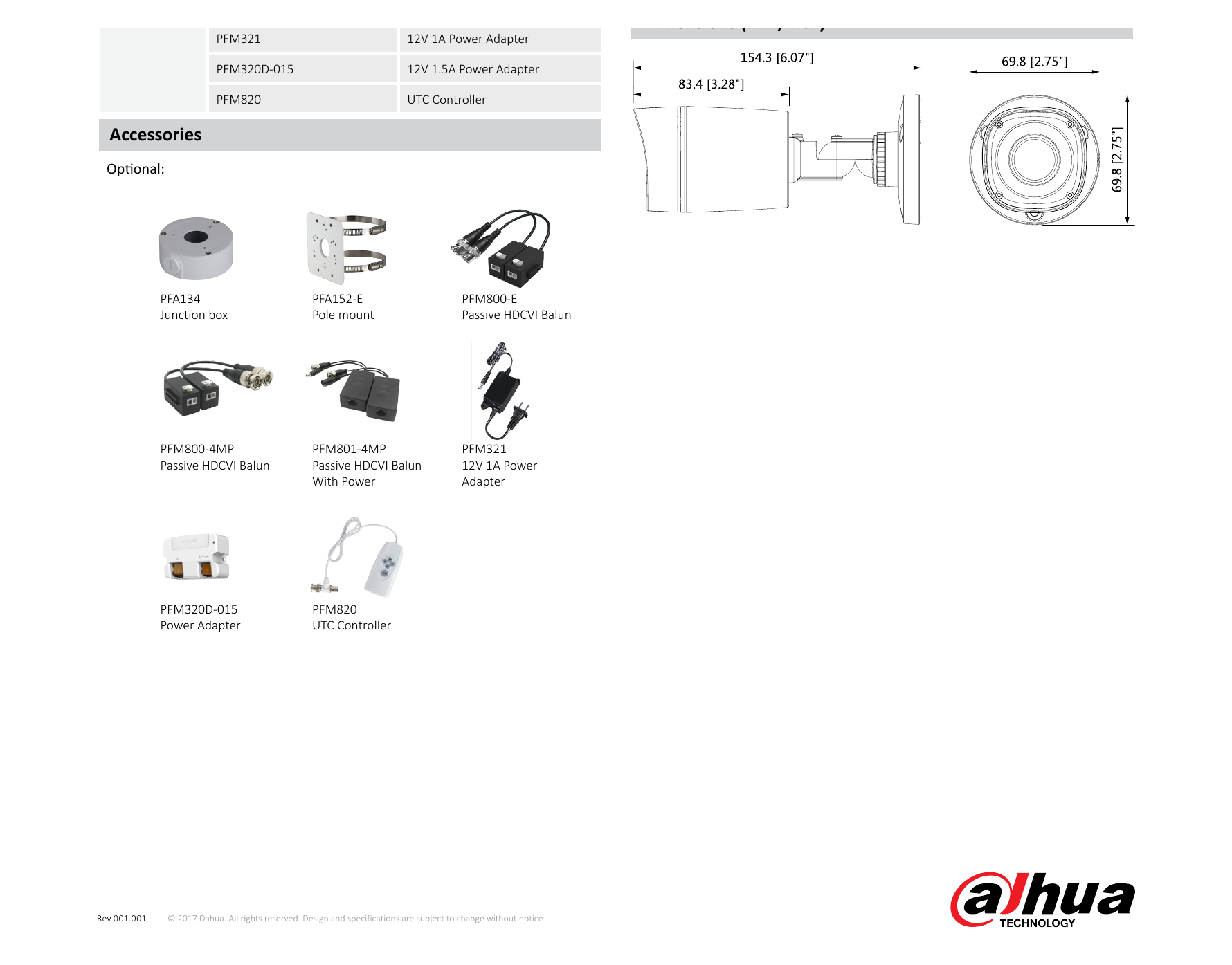 DH-HAC-HFW1100R 外形尺寸圖 154.3mm×69.8mm×69.8mm (6.07"×2.75"×2.75")｜Unit: mm