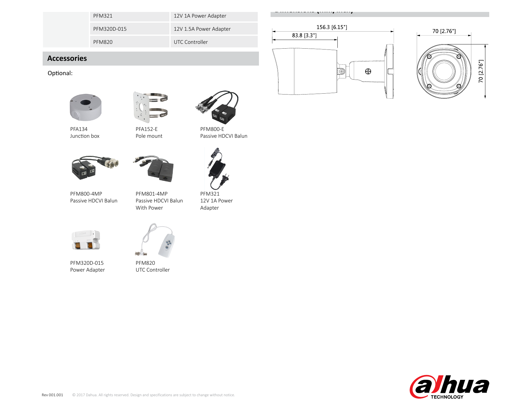 DH-HAC-HFW1100RM 外形尺寸圖 156.3mm×70mm×70mm (6.15"×2.76"×2.76")｜Unit: mm