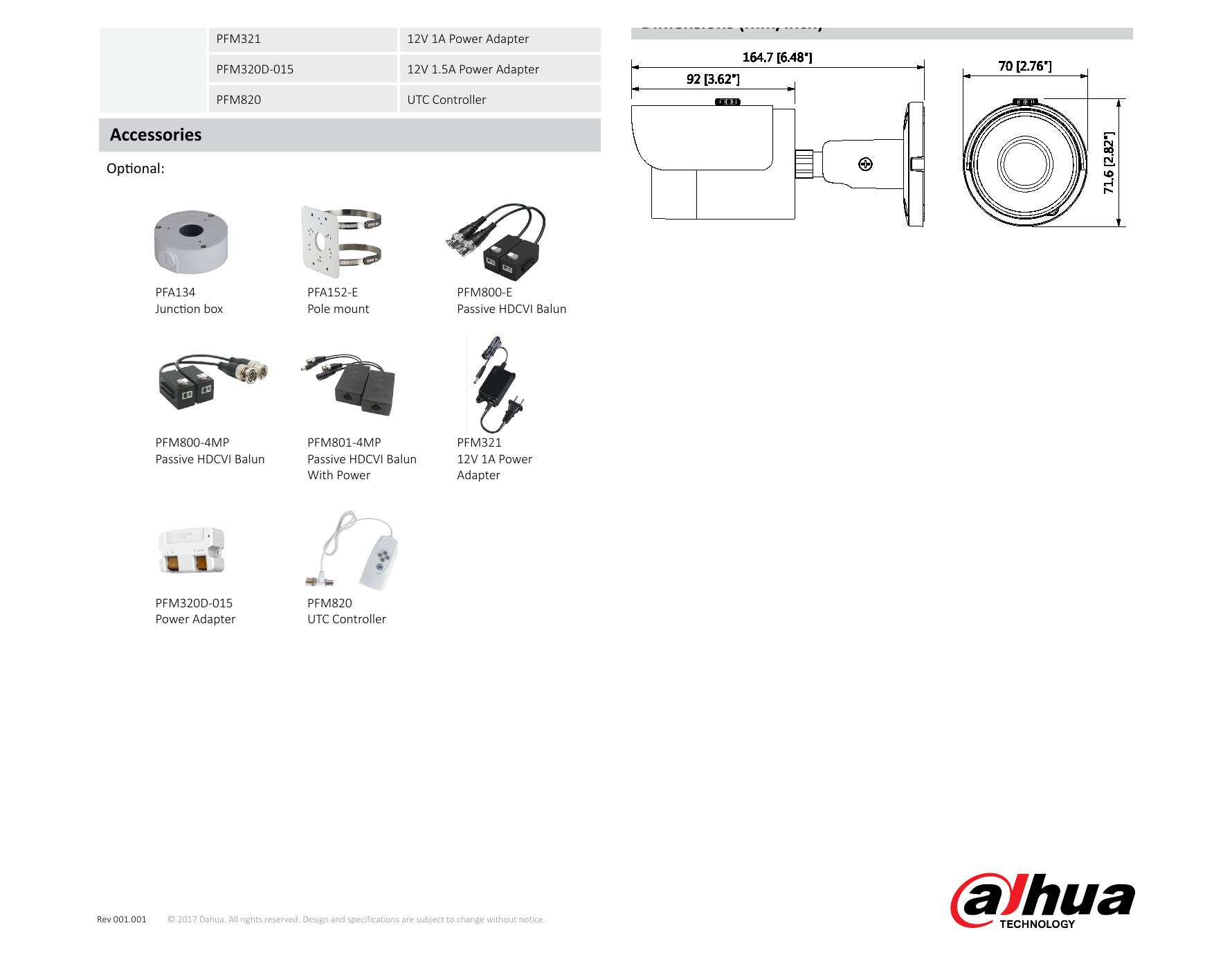 DH-HAC-HFW1100S 外形尺寸圖 164.7mm×70mm×71.6mm (6.48"×2.76"×2.82")｜Unit: mm