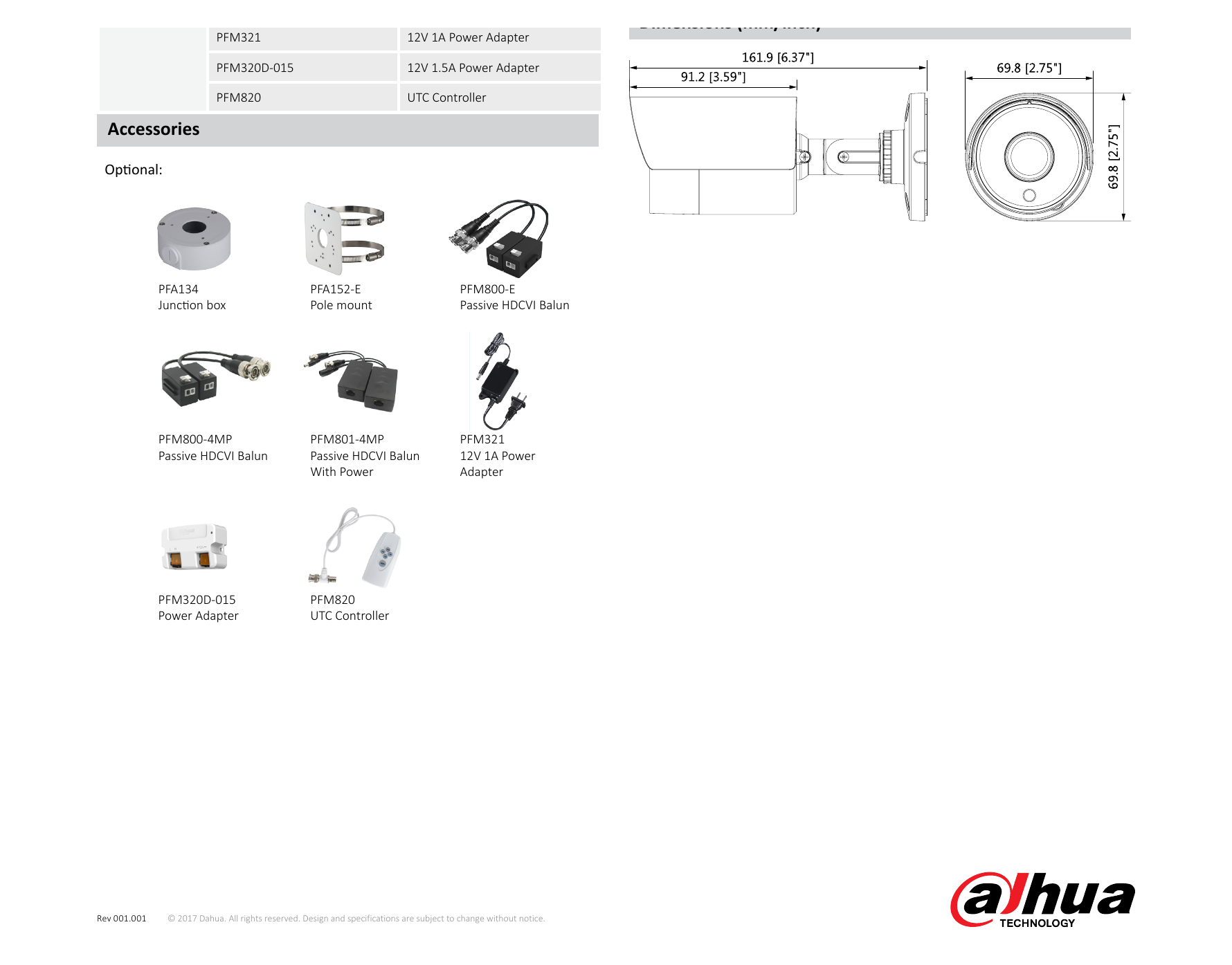 DH-HAC-HFW1100SL 外形尺寸圖 161.9mm×69.8mm×69.8mm (6.37"×2.75"×2.75")｜Unit: mm