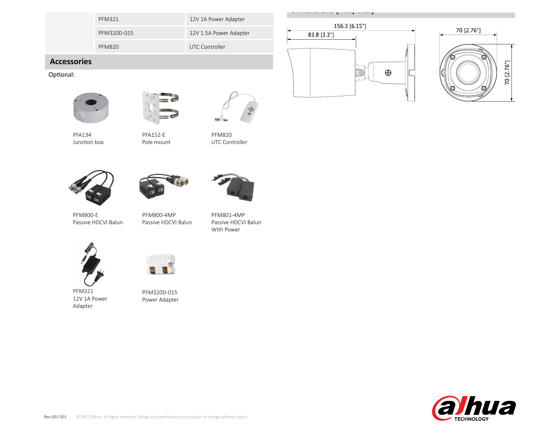 DH-HAC-HFW1200RM 外形尺寸圖 156.3mm×70mm×70mm (6.15"×2.76"×2.76")｜Unit: mm