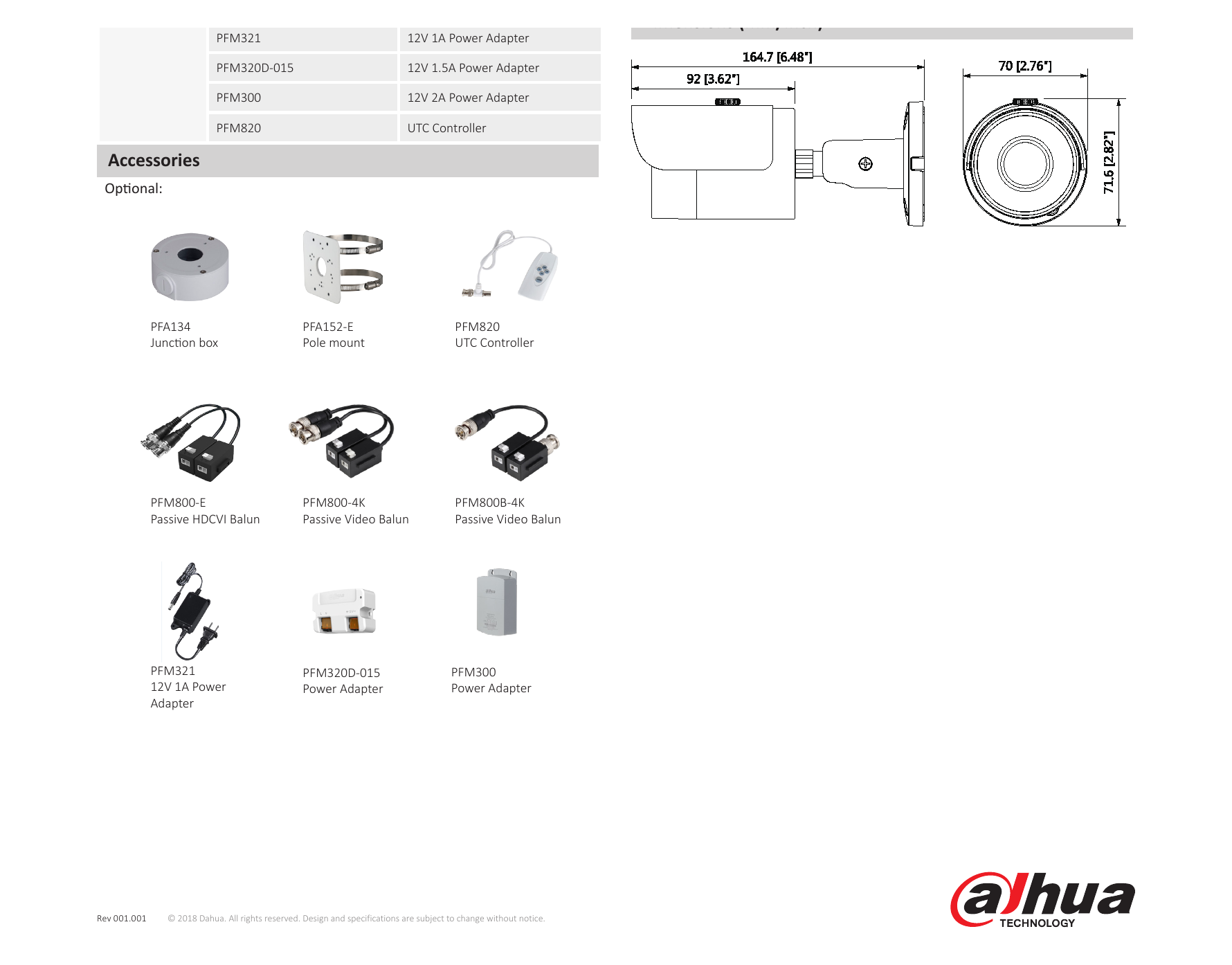 DH-HAC-HFW1200S 外形尺寸圖 164.7mm×70mm×71.6mm (6.48"×2.76"×2.82")｜Unit: mm