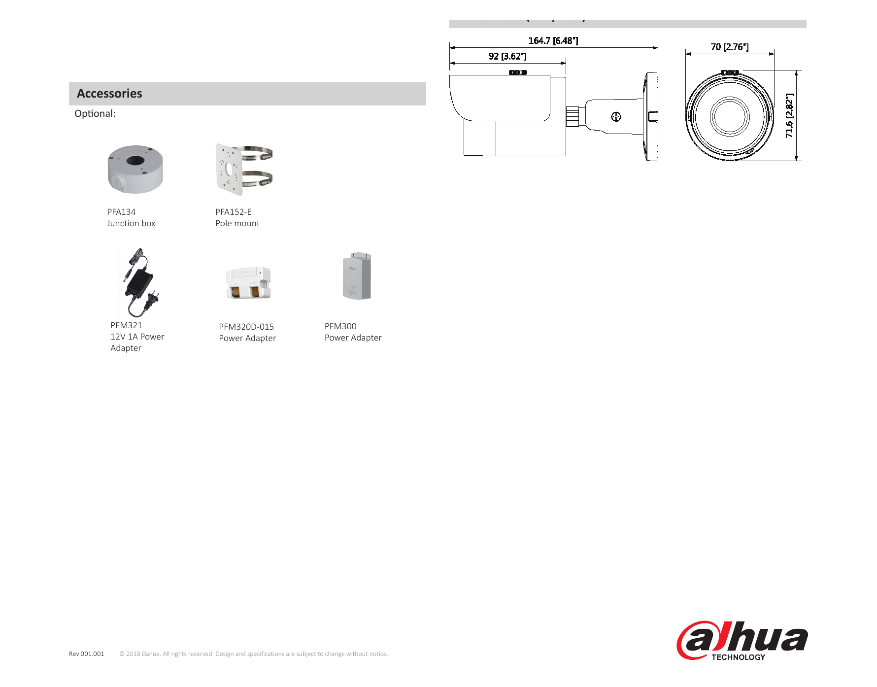 DH-HAC-HFW1200S-POC 外形尺寸圖 164.7mm×70mm×71.6mm (6.48"×2.76"×2.82")｜Unit: mm
