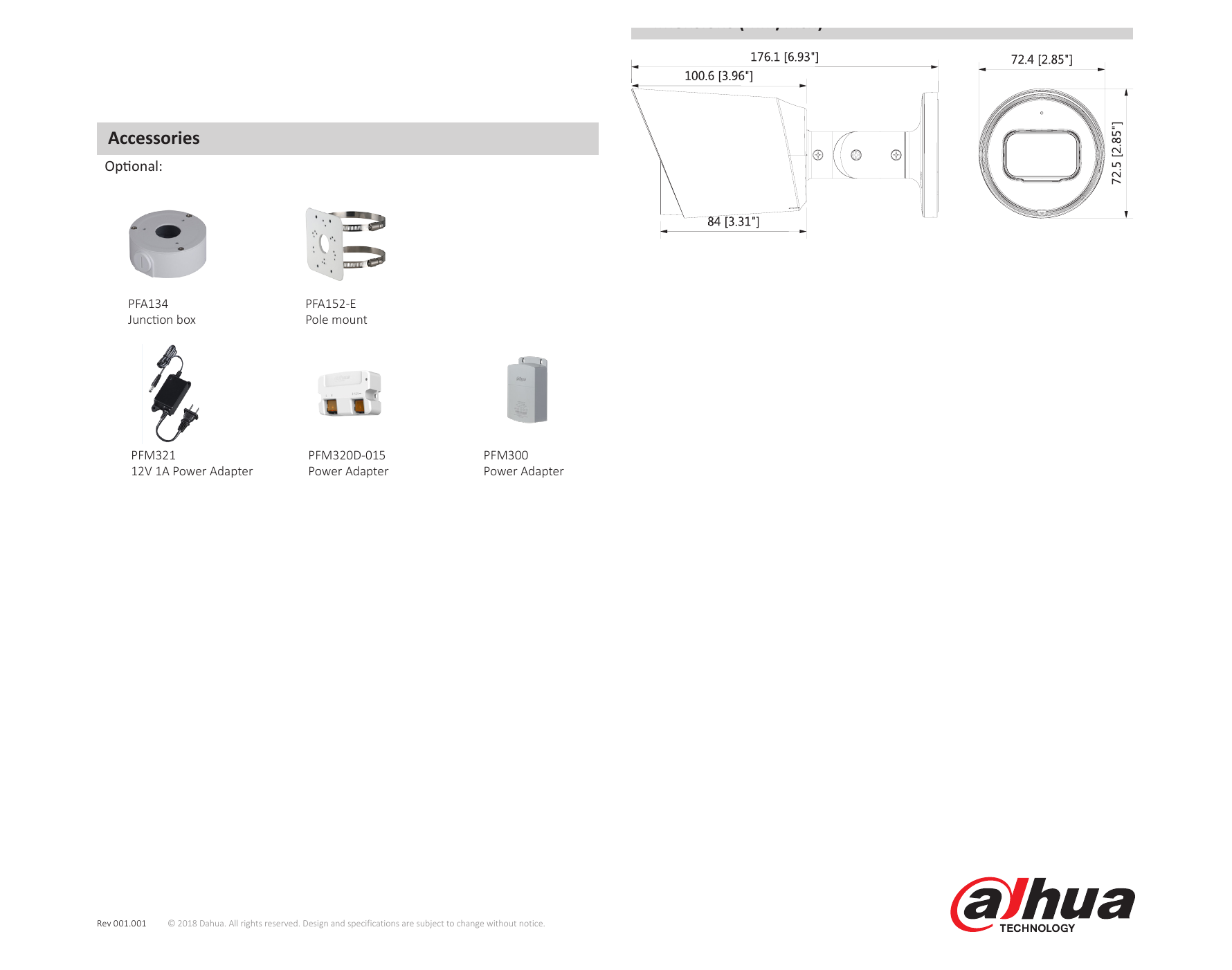 DH-HAC-HFW1200T-A-POC 外形尺寸圖 176mm×72.4mm×72.5mm (6.93"×2.85"×2.85")｜Unit: mm