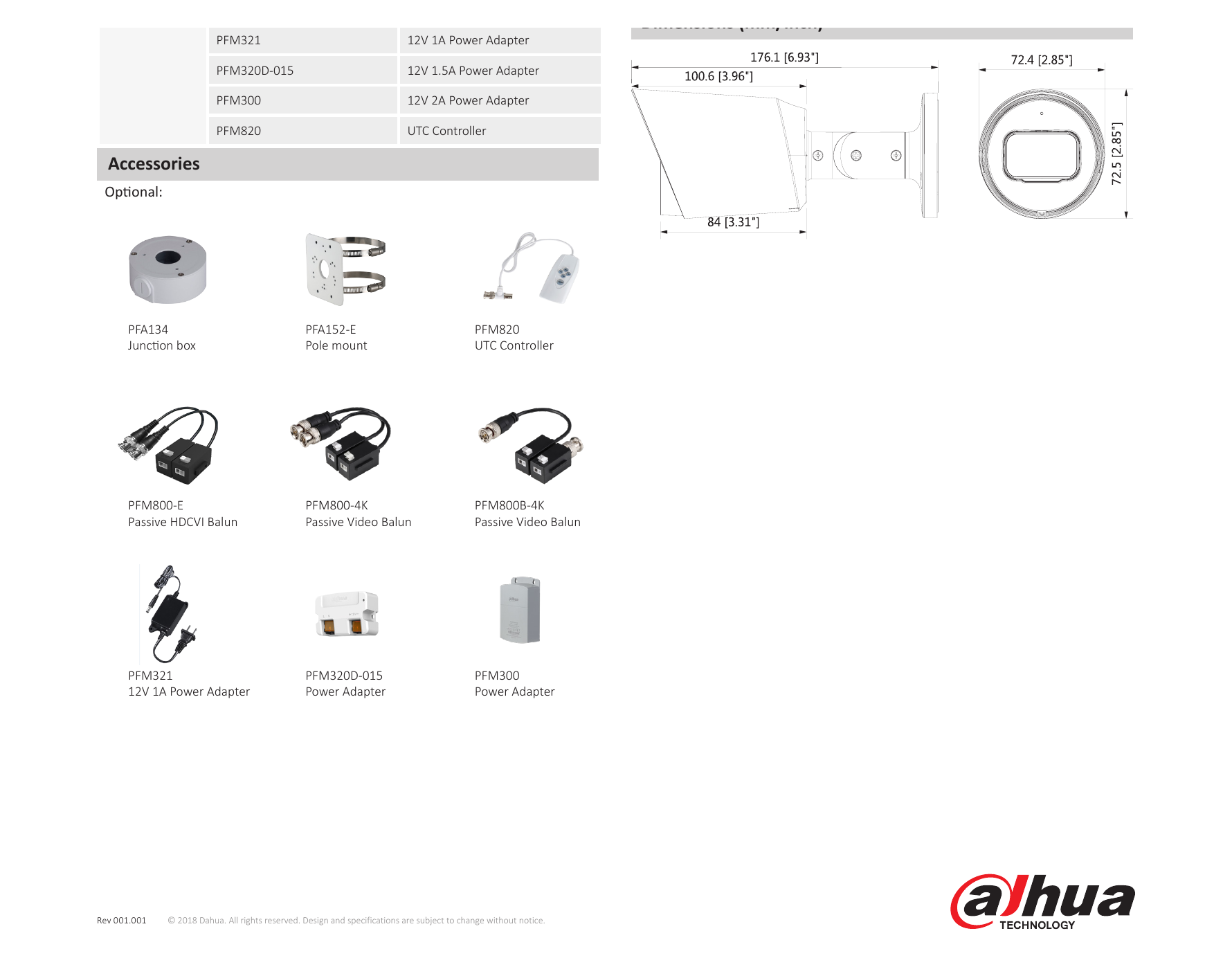 DH-HAC-HFW1200T 外形尺寸圖 176mm×72.4mm×72.5mm (6.93"×2.85"×2.85")｜Unit: mm