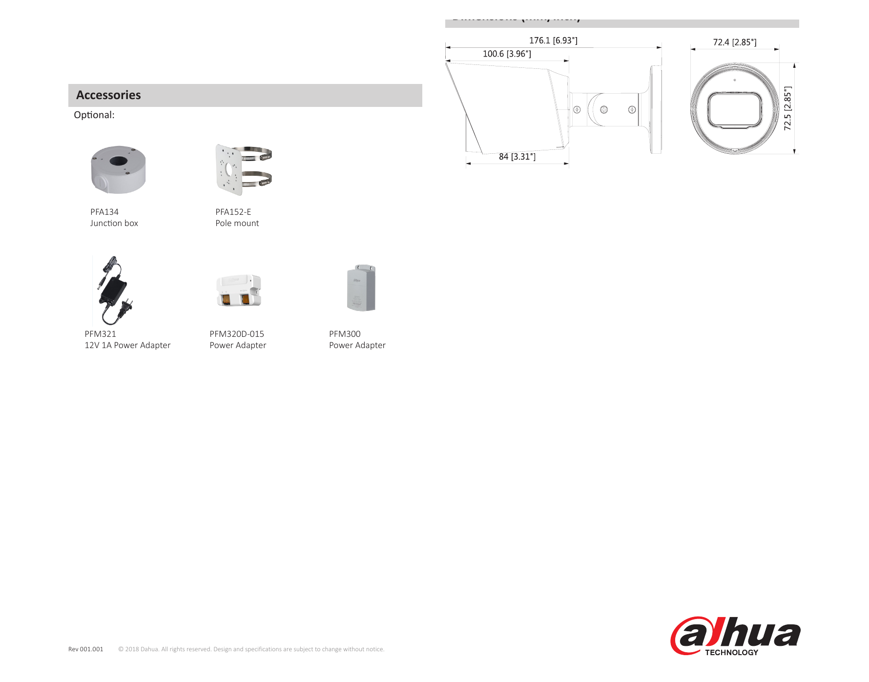 DH-HAC-HFW1200T-POC 外形尺寸圖 176mm×72.4mm×72.5mm (6.93"×2.85"×2.85")｜Unit: mm