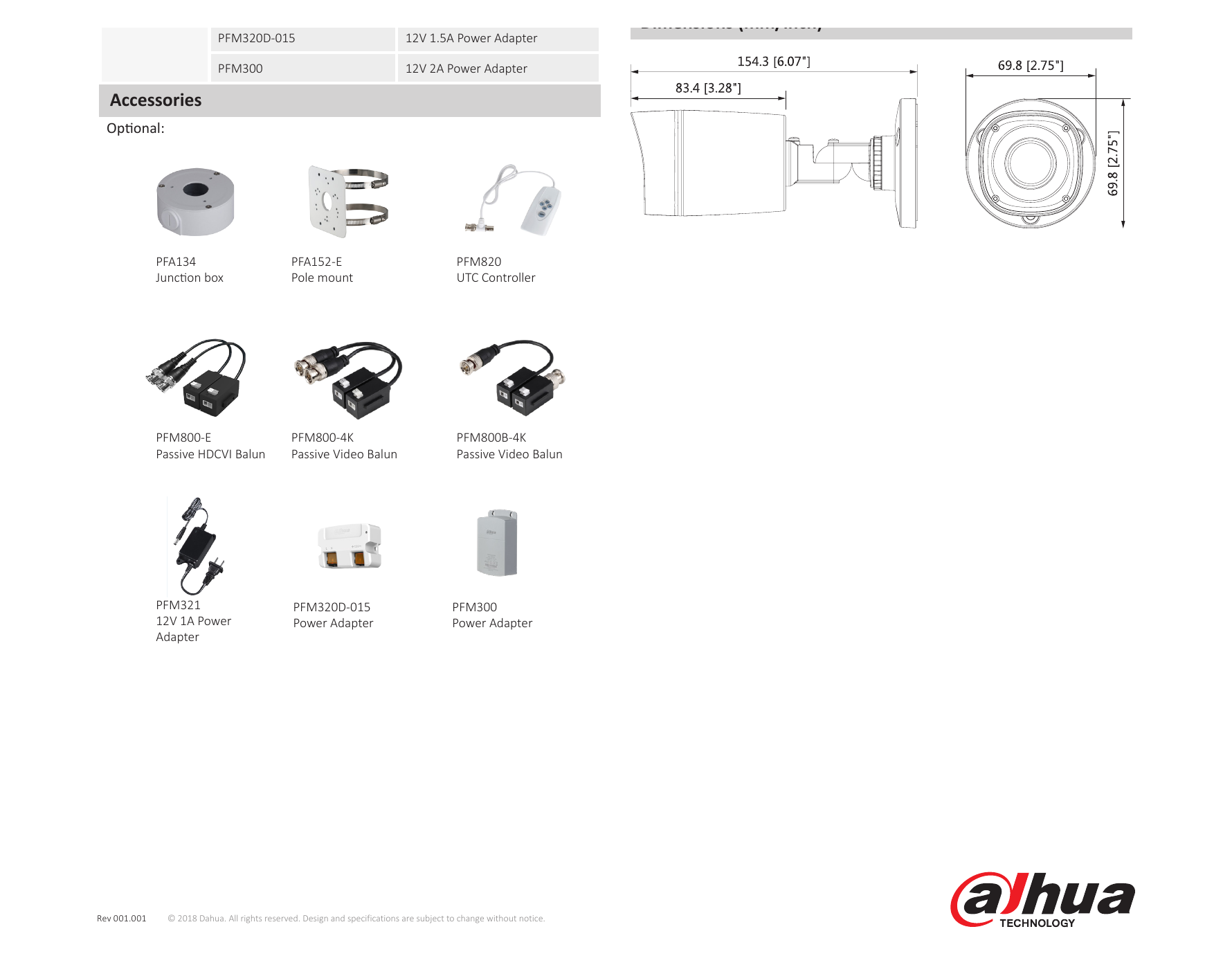 DH-HAC-HFW1220R 外形尺寸圖 154.3mm×69.8mm×69.8mm (6.07"×2.75"×2.75") Distance｜Unit: mm