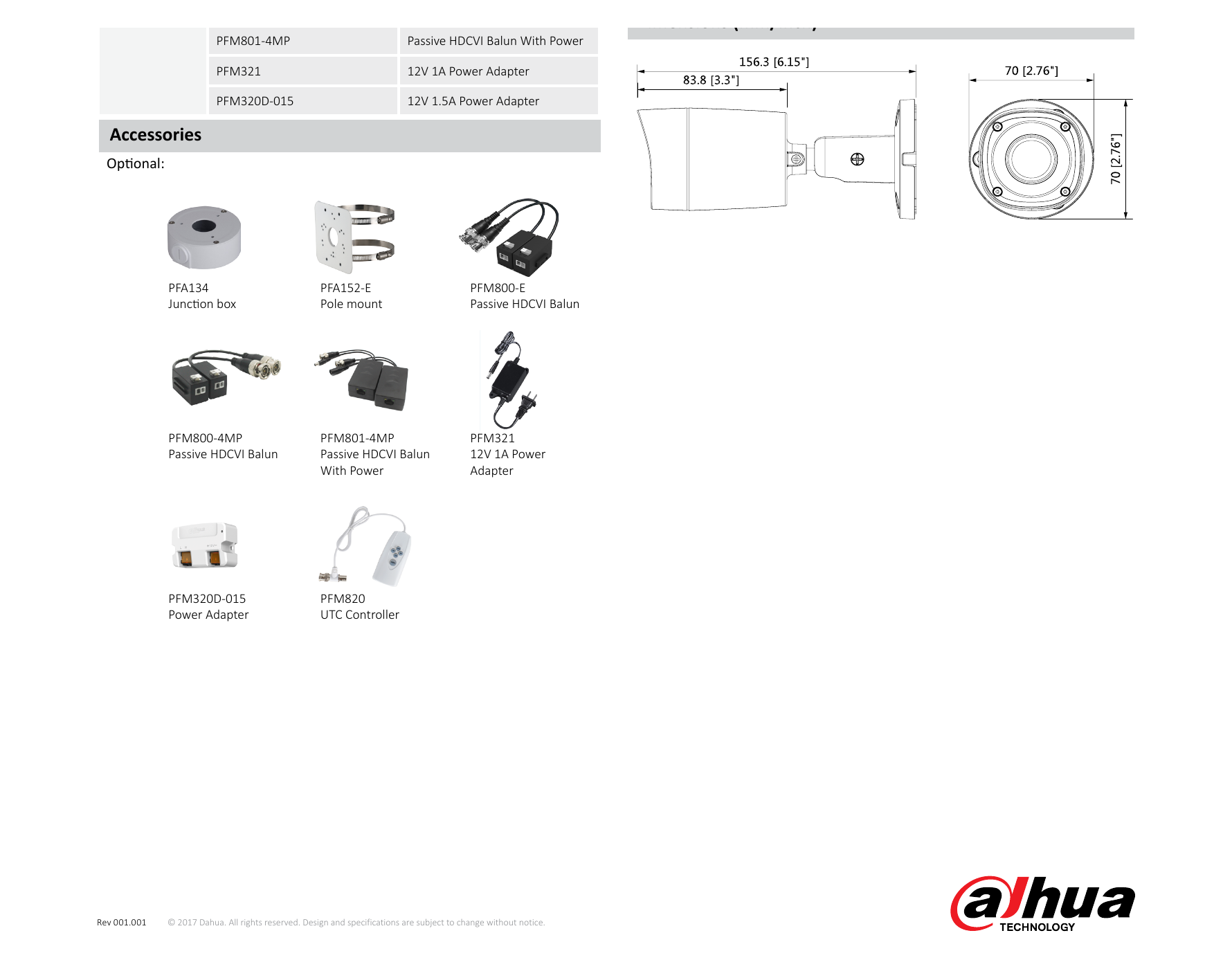 DH-HAC-HFW1220RM 外形尺寸圖 156.3mm×70mm×70mm (6.15"×2.76"×2.76") 3.6mm: 57m(187ft) 25px/m Net Weight 0.30kg (0.66lb)｜Unit: mm