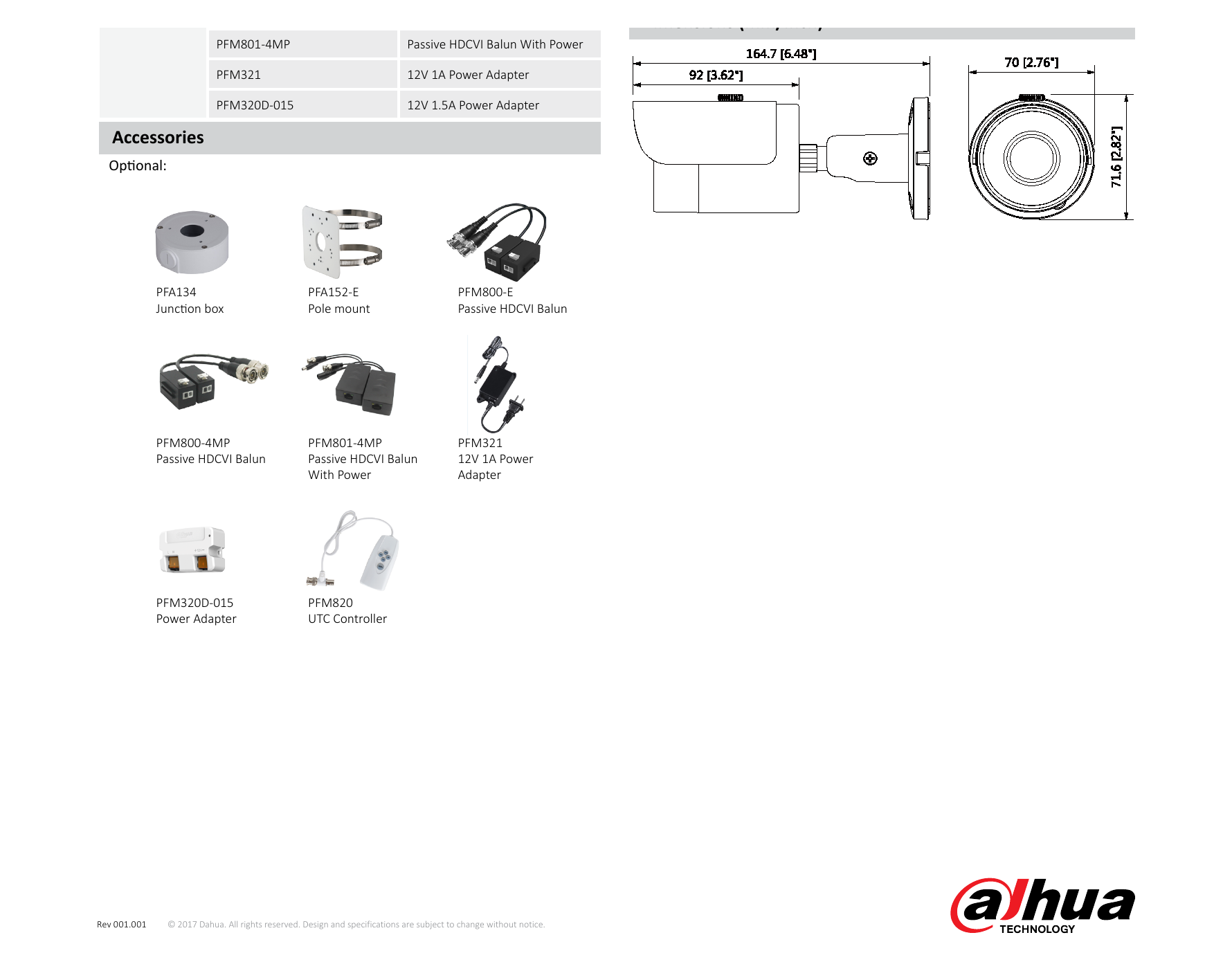 DH-HAC-HFW1220S 外形尺寸圖 164.7mm×70mm×71.6mm (6.48"×2.76"×2.82") 3.6mm: 57m(187ft) 25px/m Net Weight 0.35kg (0.77lb)｜Unit: mm