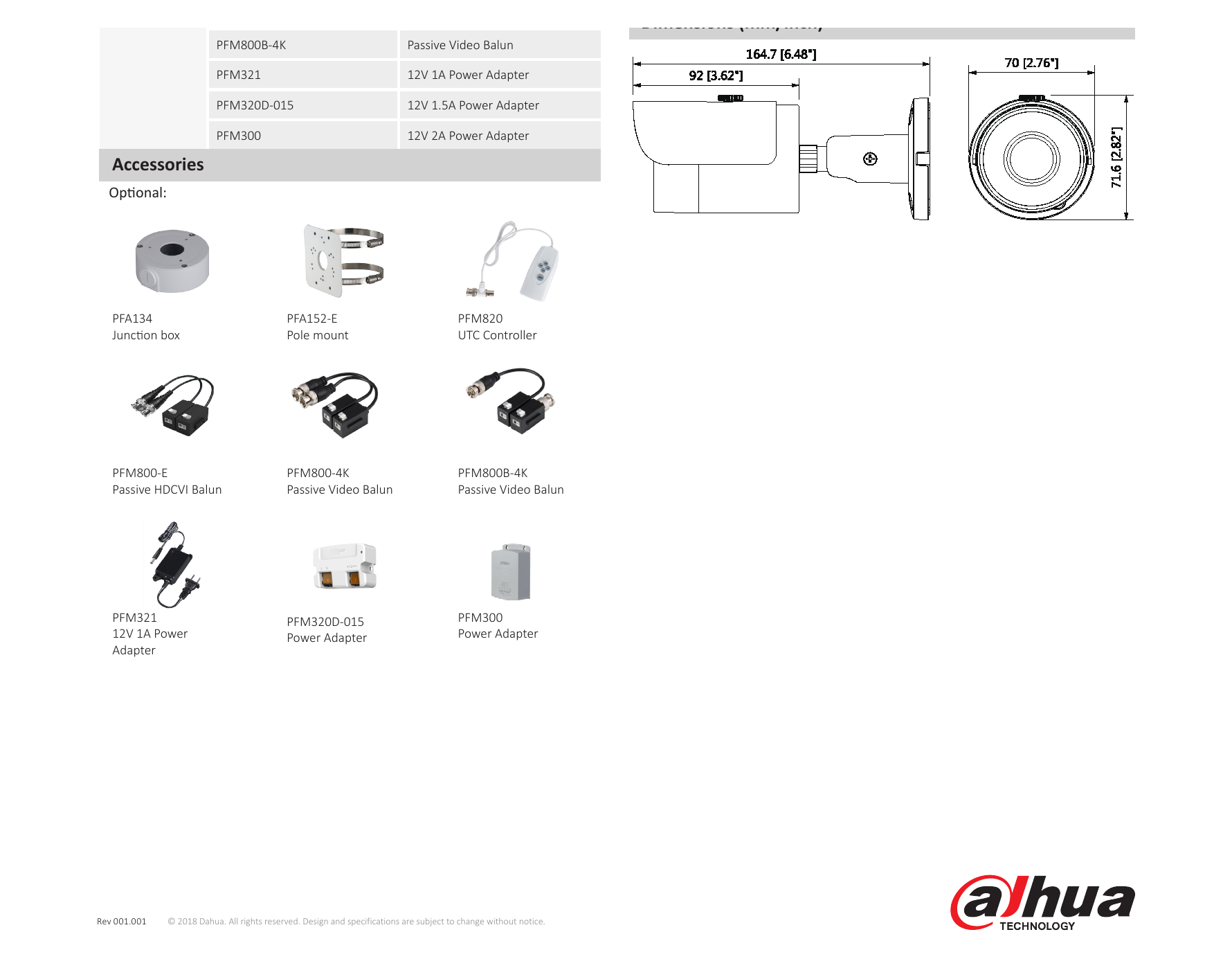 DH-HAC-HFW1230S 外形尺寸圖 164.7mm×70mm×71.6mm (6.48"×2.76"×2.82") 2.8mm: 39m(127ft) 25px/m Net Weight 0.36kg (0.79lb)｜Unit: mm