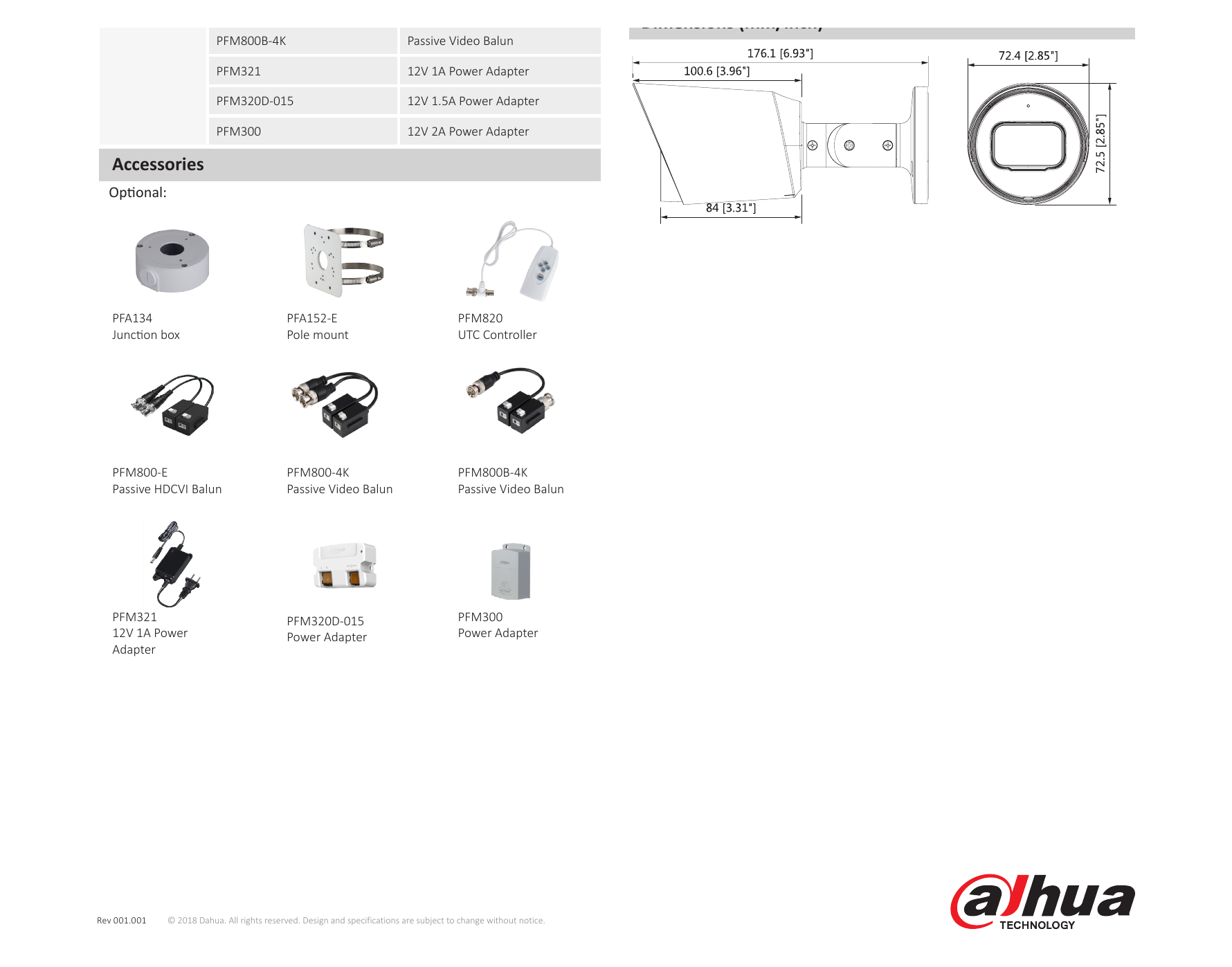 DH-HAC-HFW1230T-A 外形尺寸圖 176.1mm×72.4mm×72.5mm (6.93"×2.85"×2.85") 2.8mm: 39m(127ft) 25px/m Net Weight 0.37kg (0.82lb)｜Unit: mm