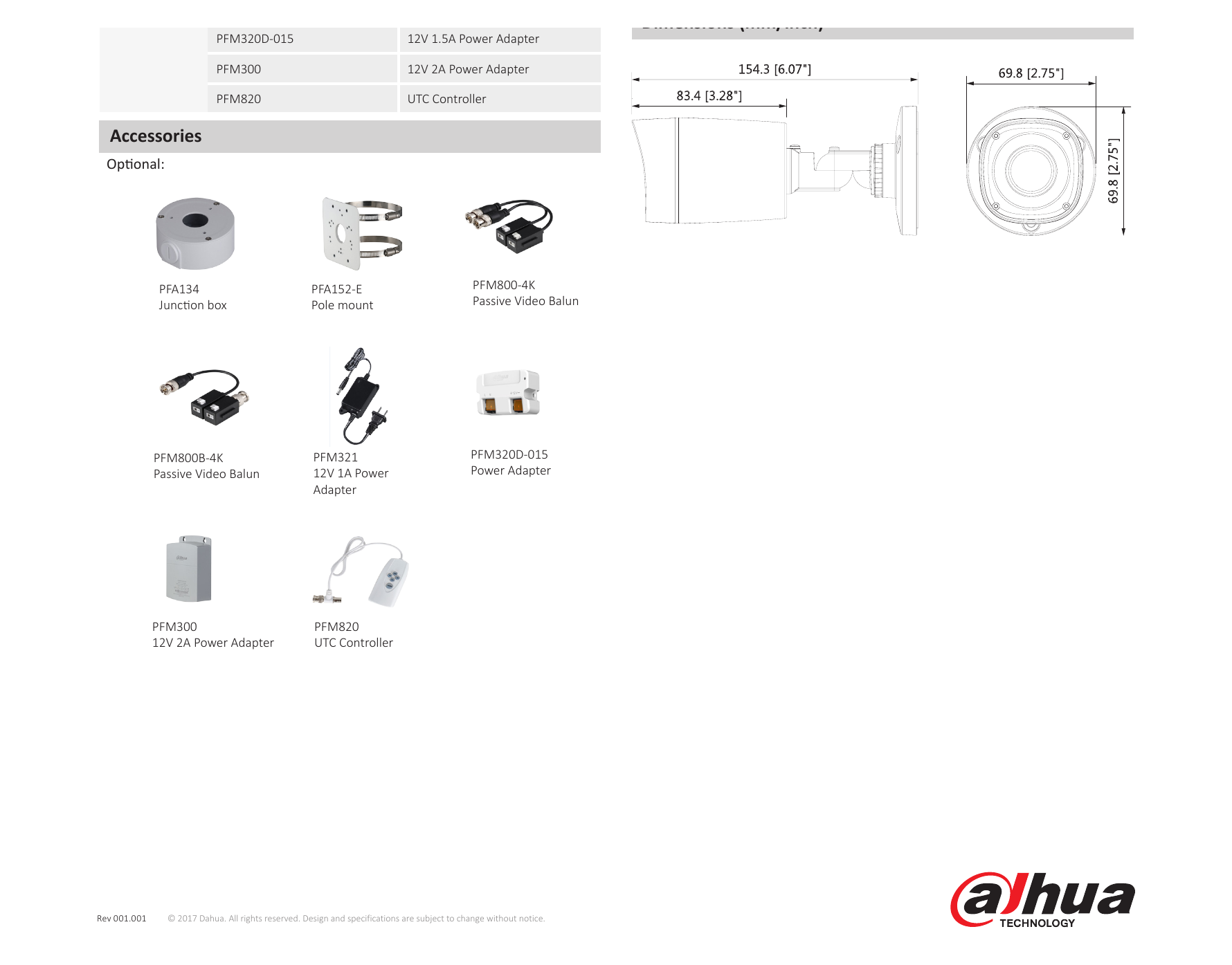 DH-HAC-HFW1400R 外形尺寸圖 154.3mm×69.8mm×69.8mm (6.07"×2.75"×2.75")｜Unit: mm